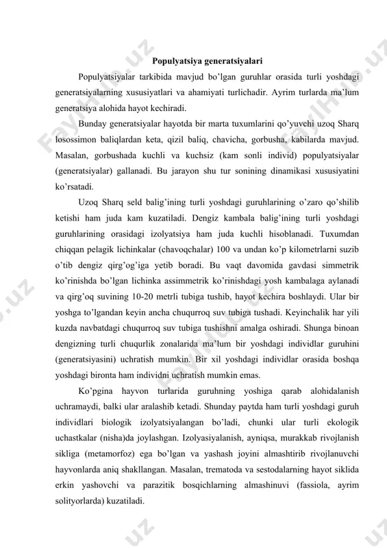 iga qarab alohidalanish uchramaydi, balki ular aralashib ketadi. shunday paytda ham turli yoshdagi guruh individlari biologik izolyatsiyalangan bo’ladi, chunki ular turli ekologik uchastkalar (nisha)da joylashgan. izolyasiyalanish, ayniqsa, murakkab rivojlanish sikliga (metamorfoz) ega bo’lgan va yashash joyini almashtirib rivojlanuvchi hayvonlarda aniq shakllangan. masalan, trematoda va sestodalarning hayot siklida erkin yashovchi va parazitik bosqichlarning almashinuvi (fassiola, ayrim solityorlarda) kuzatiladi. to’liq metamorfozli (holometabola) hasharotlar tuxumdan voyaga yetgan individ hosil bo’lgangacha orada lichinka va g’umbak bosqichlari bo’ladi. ba’zi gipermetamorfozda rivojlanish bosqichlari 6 va undan ko’proq bosqichli bo’lishi mumkin. shuni qayd qilish lozimki, har bir bosqichning o’ziga xos yashash shakli bo’lib, uning bir bosqichdan navbatdagi bosqichga o’tishida muhit bilan bog’lanish xarakteri o’zgaradi. ba’zan esa hatto yashash tarzi ham boshqacha bo’ladi. masalan, kapalakning chuvalchangsimon (qurtsimon) lichinkasi voyaga yetgan bosqichidan keskin farq qiladi. ushbu bosqichlarning muhit omillariga bo’lgan talabi va yashovchanlik qobiliyati ham turlicha bo’ladi. (345 -betdagi - 48 jadval) masalan, kuzgi tunlamni olsak. tuxum uchun optimum …