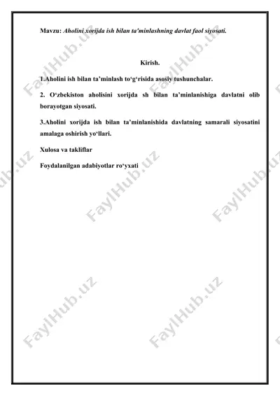 aholini xorijda ish bilan ta'minlash siyosati referati — DOCX