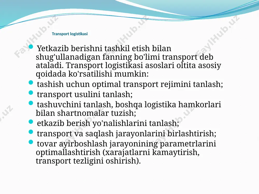 ashishning yuqori kapital sig'imi, energiya intensivligi va moddiy zichligi; ob-havo sharoitlariga bog'liqlik; cheklangan geografik mavjudlik. havo transportining xususiyatlari: transport vositalari: samolyotlar, vertolyotlar, havo sharlari; aloqa yo'llari: havo yo'laklari; signal va nazorat: dispetcherlik xizmati, samolyot mayoqlari; transport markazlari: aeroportlar. daryo transporti ichki suv yo'llari (daryolar, kanallar, ko'llar) bo'ylab tashishni amalga oshiradi. pros minuslar chuqur suvli daryolar va suv omborlarida yuqori transport imkoniyatlari; transportning past narxi; kam kapital zichligi. transportning cheklangan geografiyasi; yetkazib berishning past tezligi (daryoning notekis chuqurligiga, navigatsiya sharoitlariga va boshqalarga qarab); mavsumiylik; yuk tashishning ishonchliligi va xavfsizligi etarli emas. dengiz transporti dengizlar, okeanlar va unga tutash suvlar yuzasi boʻylab yuk va yoʻlovchilarni tashiydi. pros minuslar qit'alararo tashish imkoniyati; uzoq masofalarga tashishning arzonligi. transportning cheklangan geografiyasi; yetkazib berishning past tezligi (geografik, ob-havo va navigatsiya sharoitlariga qarab); yuk tashishning past chastotasi; yuklarni ta'minlash va qadoqlash uchun qat'iy talablar; murakkab port infratuzilmasini yaratish zarurati. suv transportining xususiyatlari: avtotransport vositalari: kemalar; aloqa yo'llari: …