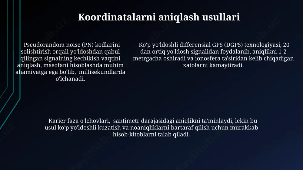 ni beradi. dasturiy ta'minotning interfeysi va imkoniyatlari interfeys foydalanuvchiga gps va glonass konstellatsiyalaridan 20 dan ortiq sun'iy yo'ldoshdan ma'lumotlarni tanlash va filtrlash imkonini beradi. dasturiy ta'minot real vaqt rejimida 10 gts gacha chastota bilan ma'lumotlarni qayta ishlash va 3d grafik interfeys orqali vizualizatsiya qilish imkoniyatiga ega. dastur koordinatalarni turli formatlarda (wgs-84, utm va boshqalar) eksport qilishni, shuningdek, xatoliklarni hisoblash va 99% gacha aniqlikni ta'minlaydi. xavfsizlik masalalari noqonuniy kirish va ma'lumotlarni o'g'irlash xavfini kamaytirish uchun, dasturiy ta'minotga aes 256 bit kriptografiyasi singari kuchli shifrlash algoritmlarini qo'llash zarur. gps/glonass o'lchov dasturiy ta'minotida joylashuv ma'lumotlarining 100% aniqligi kafolatlanmaganligi, shuning uchun xavfsizlik tizimlarida qo'shimcha sensorlardan foydalanish tavsiya etiladi. gps/glonass o'lchov dasturiy ta'minotida joylashuv ma'lumotlarining 100% aniqligi kafolatlanmaganligi, shuning uchun xavfsizlik tizimlarida qo'shimcha sensorlardan foydalanish tavsiya etiladi. ma'lumotlarni qayta ishlash algoritmlari ko'p yo'lli yo'nalishni aniqlash algoritmlari, masalan, rtk (real-time kinematic) usuli, gps/glonass signallarining kechikish vaqtini aniqlash orqali 1 santimetrgacha aniqlikni ta'minlaydi. kalman filtrlash kabi prediktor …