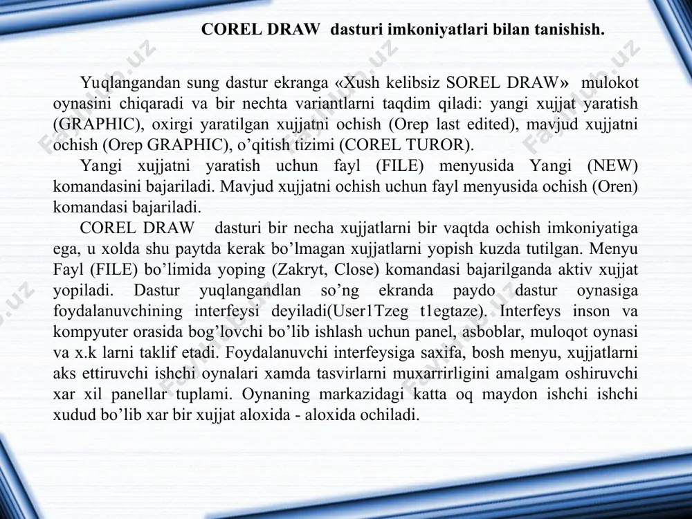 tn menyusi matn bilan ishlaydigan komandalardan iborat, effekt menyusi nuktaviy va vektorli grafikani yaratadigan komandalar tuplamidan iborat. xossalar asboblar qatori ( rgoreggu var) xossalar asboblar qatoridagi ( rgoreggu var) maydonlar va tugmalar to’plami ,ishlatilayotgan asbob yoki belgilangan ob’ekt turiga bog’liq xolda ko’rinishga ega bo’ladi, masalan, matn blokka olinganda xossalar katorida matn parametrlari aks etadi. corel draw ob’ektlar belgilanmagan xolatda xossalar qatorida (rgoreggu var) xujjatning umumiy parametrlari beriladi, masalan: varakning formati, joylashuvi va boshqalar xolat qatori (status var) ishchi ekranning pastki qismida xolat qatori (status var) joylashgan bo’lib turli xil xizmat ma’lumotlarini aks ettiradi: parametrlar, obvodka va ranglar, xarf parametrlari ajratilgan ob’ektlar xaqida ma’lumot va aktiv asboblar xaqida ma’lumot. bu qatorning, kurinishi xolati va tarkibini o’zgartirish mumkin. asboblar paneli(toolbox) ishchi oynaning chap tarafida asboblar paneli joylashadi. bu panelda barcha instrumentlar joylashgan bo’lib, ular yordamida turli grafik ob’ektlarni yaratish ajratish, taxrirlash mumkin. asboblar bilan ishlayotgan paytda belgilangan ob’ektga bog’lik xolda kursorning ko’rinishi …