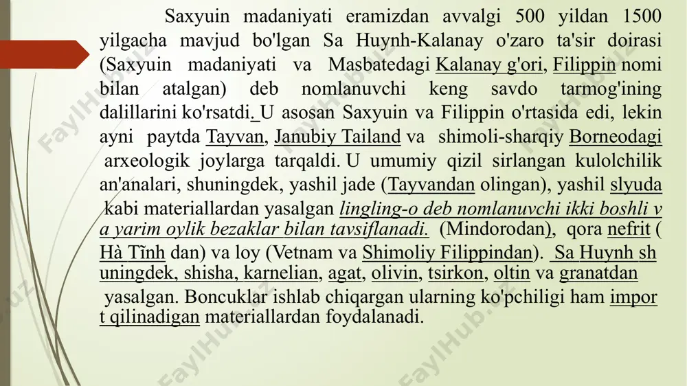 q va ayirboshlash natijasi bo'lib, har bir ob'ekt o'ziga xos madaniy rivojlanish belgilariga ega edi. filippin arxeologiyasi moddiy madaniyat orqali janubi-sharqiy osiyodagi orol davlati filippin zamonaviy respublikasi hududida o'tgan jamiyatlarni o'rganishdir. filippin tarixi ispan mustamlakachiligiga va filippin qanday qilib ispaniya va qo'shma shtatlardan mustaqil bo'lganiga qaratilgan. filippinda mustamlakachilik davrida arxeologiyadan hozirgidek foydalanilmagan, u asosan etnografik va lingvistik tadqiqotlarga qaratilgan. arxeologiyaga 1914-yilda filippinda antropologiyadan dars bergan h.otli beyer katta ta'sir ko'rsatdi. beyerning filippindagi ta'limoti arxeologiya sohasida uning izidan borish uchun ko'plab talabalarni orttirdi. 1946 yilda filippin amerikadan mustaqillikka erishgandan so'ng, beyerning ko'plab talabalari butun filippin bo'ylab arxeologiya bilan shug'ullanishdi. beyerning filippin atrofida ishlagan shogirdlari va hamkasblaridan bir nechtasi robert b. fox , alfredo evangelista va f. landa jocanodir. ularning hissasi filippin arxeologiyasining artefaktlar va arxeologik joylarni tahlil qilishda kuchayishiga yordam berdi. ispaniya mustamlakasi davrida filippinda juda kam arxeologik ishlar olib borilgan , garchi ispanlar orollar aholisiga etnografik va lingvistik nuqtai nazardan …
