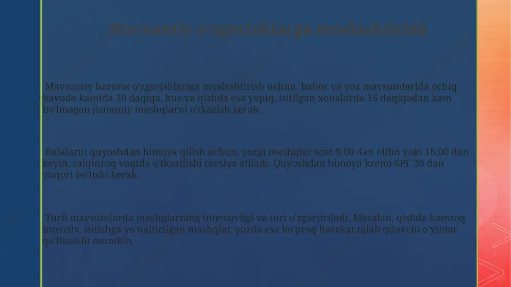 sqichda oddiy harakatlar, masalan, yurish, cho'zilish va sodda gimnastika mashqlari qo'llaniladi, keyinchalik murakkabligi oshiriladi. mashqlarni o'tkazish uchun qulay muhit yaratish mashqlar zalining yaxshi shamollatilayotgani va 18-22°c haroratga ega bo‘lishi, shuningdek, bolalar uchun yetarli maydon (kamida 5 m² har bir bola uchun) ta’minlanishi muhim. mashqlar uchun mos, yumshoq va sirpanmas yuzaga ega taxta yoki gilamchalardan foydalanish bolalarning xavfsizligini va qulay harakatlanishini ta’minlaydi. har bir mashq turi uchun 2-3 variantni taklif qilish mumkin. rang-barang, bolalar uchun jozibador jihozlar (masalan, 5-7 ta turli rangdagi to‘plar, gimnastika tayoqchalari) mashg‘ulotlarni yanada qiziqarli va samarali qiladi, motivatsiyani oshiradi. bolalarning jismoniy tayyorgarligi darajasini hisobga olish jismoniy tayyorgarlikning 5ta asosiy ko'rsatkichi (chidamlilik, tezlik, kuch, egiluvchanlik, muvozanat)ni baholash orqali, har bir bola uchun moslashtirilgan mashqlar dasturini tuzish va ularning progressini kuzatish mumkin. bolalarning 80% i jismoniy mashqlarga qiziqishini hisobga olib, o'yin shaklidagi mashqlarni kiritish va ularni 10-15 daqiqadan oshmasligi kerak. bolalarning jismoniy tayyorgarlik darajasi 3 yoshdan 7 yoshgacha bo'lgan …