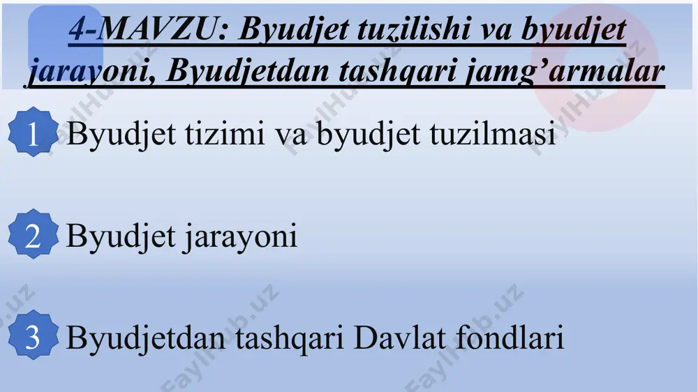 ’liq bo’lgan munosabatlar majmui davlat byudjeti tuzilmasi deyiladi. o‘zbekiston respublikasining davlat byudjeti: respublika byudjeti qoraqalpog’iston respublikasi byudjeti va mahalliy byudjetlar ma’lum bir tizimga keltirilgan va o’rnatilgan tartibda kod (shifr)lashtirilgan davlat byudjeti daromadlari va xarajatlarining bir xil belgilari bo’yicha ilmiy asoslangan iqtisodiy guruhlanishi davlat byudjeti tasnifi (klassifikatsiyasi) deyiladi. davlat byudjeti tizimi byudjetlari daromadlarining tasnifi davlat byudjeti tizimi byudjetlari xarajatlarining tasnifi davlat byudjeti defitsiti (taqchilligi)ni qoplash manbalari tasnifi davlat byudjeti klassifikatsiyasi (tasnifi) o’z ichiga quyidagilarni oladi: 2. byudjet jarayoni davlat byudjeti tizimi byudjetlarini shakllantirish, tuzish, ko’rib chiqish, qabul qilish, tasdiqlash va ijro etish, ularning ijrosini nazorat qilish, davlat byudjeti tizimi byudjetlarining ijrosi to’g’risidagi hisobotlarni tayyorlash va tasdiqlash, shuningdek ular o’rtasidagi o’zaro munosabatlarga davlat byudjeti jarayoni deyiladi. davlat byudjeti jarayonining davomiyligi 4 bosqichdan iborat bo’lib, odatda, uch yilga yaqin davom etadi. buning bir yilga yaqini davlat byudjeti loyihasini ishlab chiqish, uni muhokama qilish va tasdiqlashga, bir kalendar yili (1 yanvardan 31 dekabrgacha) byudjetni …