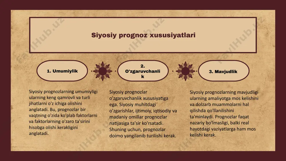 usiyatlar: umumiylik, o'zgaruvchanlik, mavjudlik, o'zaro bog'liqlik; bu xususiyatlar prognozlarning samaradorligini oshiradi. siyosiy prognozlar evolyutsiyasi va taqqoslanishi, ularning afzalliklari (masalan, samaradorlik, to'g'rilik) va kamchiliklari (masalan, noaniqlik, taxminlar) bizga yanada dolzarb ma'lumotlar beradi. prognozlar ishlab chiqish jarayoni aniq bosqichlardan iborat bo'lib, har bir bosqichda ma'lumotlarni to'plash, tahlil qilish va natijalarni taqdim etish kerak. umuman olganda, siyosiy prognozlar kelajakni aniq va ishonchli rejalashtirish uchun zarurdir. e'tiboringiz uchun rahmat! image1.jpeg image2.png image3.png image4.png image5.png image6.png image7.png image8.png image9.png image10.png image12.png image11.png image13.png image14.png