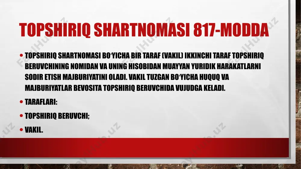 lgan chetga chiqishlar haqida topshiriq beruvchiga xabar berishi shart. vakilning majburiyatlari oʻziga berilgan topshiriqni shaxsan oʻzi bajarishi; topshiriq beruvchi talabiga muvofiq maʼlumot berib turishi; topshiriqni bajarish uchun tuzilgan bitimlar boʻyicha olingan hamma narsani kechiktirmasdan topshiriq beruvchiga topshirishi, topshiriq bajarilgandan soʻng, ishonchnomani qaytarib berishi. topshiriq beruvchining majburiyatlari vakilni topshiriqni bajarish uchun zarur mablagʻlar bilan taʼminlashi, vakil shartnomaga muvofiq bajargan ishni kechiktirmasdan qabul qilib olishi, vakil topshiriqni bajarish uchun qilgan zarur xarajatlarni toʻlashi, shartnomada nazarda tutilgan haq toʼlashi shart 822-modda. topshiriqni bajarishni boshqa shaxsga ishonib topshirish agar topshiriq shartnomasida nazarda tutilgan bo‘lsa yoki vakil topshiriq beruvchining manfaatlarini himoya qilish maqsadida vaziyat taqozosi bilan majbur bo‘lsa, vakil topshiriqning bajarilishini boshqa shaxsga (o‘rinbosarga) topshirishga haqli. topshiriqni bajarishni boshqa shaxsga ishonib topshirgan vakil bu haqda darhol topshiriq beruvchini xabardor qilishi shart. topshiriq beruvchi vakil tanlagan o‘rinbosarni rad etishga haqli, o‘rinbosarning nomi topshiriq shartnomasida keltirilgan hollar bundan mustasno. agar vakil o‘rinbosarining nomi shartnomada ko‘rsatilgan bo‘lsa, vakil …