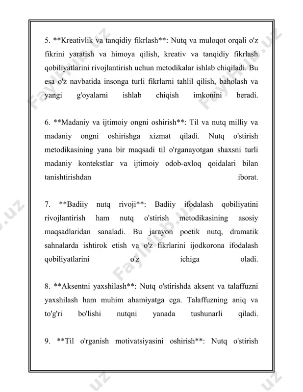 rish**: har kuni kamida bir sahifa matn yozish (taxminan 300-400 so'z) yozma nutqni faol ushlab turish uchun foydalidir. haftada bir marta esa katta hajmli, taxminan 1,500 so'zli matn yozish talab qilinishi mumkin. bu vaqt davomida yillik yozma ishlab chiqarish hajmini oldindan aytish qiyin, lekin bu minglab sahifalar matnni o'z ichiga oladi. 4. **erkin yozish mashqlari**: vaqti-vaqti bilan erkin yozish mashqlarini qo'llash, ya'ni, tasodifiy mavzular haqida hech qanday to'siqsiz yozish, ijodiy tafakkurni rivojlantirishga yordam beradi. bunday mashqlar har hafta amalga oshiriladigan bo'lsa, bir yilda 52 marta erkin yozish malakasi ortadi. 5. **tahrirlash ko'nikmalarini rivojlantirish**: yozma nutqni o'stirishda tahrirlash, ya'ni yozilgan matnni qaytadan ko'rib chiqish va yaxshilash juda muhim. har bir yozilgan matnni tahlil qilib, kamida ikki marta tahrirlash nazarda tutiladi. bu bir yilda 100 ta nazorat qilingan matnning ishlab chiqilishiga olib kelishi mumkin. 6. **mutaxassislar bilan ishlash**: yozma nutq ustida professional mutaxassislar yoki o'qituvchilar bilan birgalikda ishlash, tahliliy fikr yuritish va …