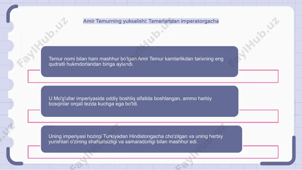 onlikka asoslanganmi - bahs mavzusi. ayrimlarning fikricha, amir temur qo‘shni imperiyalar bilan ittifoq o‘rnatish va tinchlikni saqlash uchun diplomatiyadan foydalangan. u o'zining strategik harbiy taktikasi bilan tanilgan va ko'pincha muzokaralar orqali tinch yo'l bilan qaror topishga intilgan. biroq boshqalar amir temurning oʻzaro munosabatlariga hukmronlik istagi sabab boʻlgan, deb taʼkidlaydilar. u o'z imperiyasini kengaytirish va boshqa imperiyalar ustidan nazorat o'rnatish uchun ko'plab harbiy yurishlar o'tkazdi. e'tiboringiz uchun rahmat