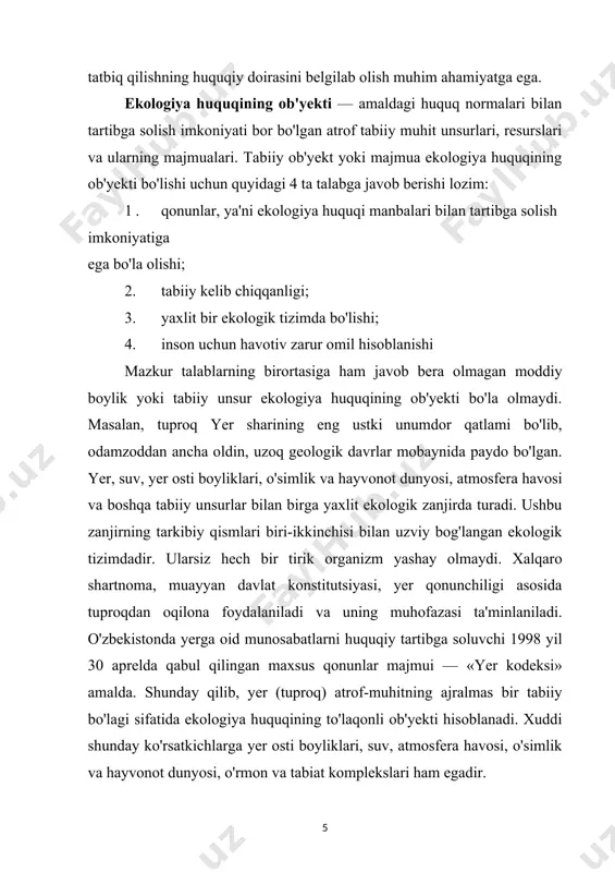 iiy ob'yektlar; 2. tabiiy resurslar; 3. tabiiy komplekslar; 4. antropogen, ya'ni kishilar faoliyati natijasida o'zgargan hududlar. tabiiyunsurlar— kishilar faoliyati aytarli darajada kuchli ta'sir ko'rsatmagan, ob'yektiv mavjud va ma'lum huquqiy normalar asosida foydalaniladigan yer usti va yer osti manbalari. ularga barcha qidirib topilgan yoki hali topilmagan qazilma boyliklar, o'simlik va hayvonot dunyosi, suv havzalari, yer (tuproq) va atmosfera havosi kiradi. bularning hammasi yagona ekologik tizimlarda turuvchi, insonga bevosita yoki bilvosita xizmat qiluvchi va qonun me'yorlari orqali muhofazaga muhtoj tabiiy unsurlar hisoblanadi. tabiiy resurslar — kishilarning hayotiy faoliyatlarida islilatilayotgan yoki ishlatish arafasida (zahirada) turgan tabiiy ob'yektlar. ular, nafaqat oqilona foydalanish, shuningdek, muhofaza qilish qoida va me'yorlarini o'rnatilishiga ham muhtojdir. tabiiy komplekslar — muayyan hududda yagona ekologik tizimda turuvchi tabiiy komponentlar (yer,suv, yer osti boyliklari, atmosfera havosi, o'simlik va hayvonot dunyosi)ni bir paytning o'zida muhofaza qilish va ulardan birgalikda foydalanish ob'yekti. antropogen omil tufayli o'zgargan hududlar — alohida huquqiy chora va tadbirlarni ishlab …
