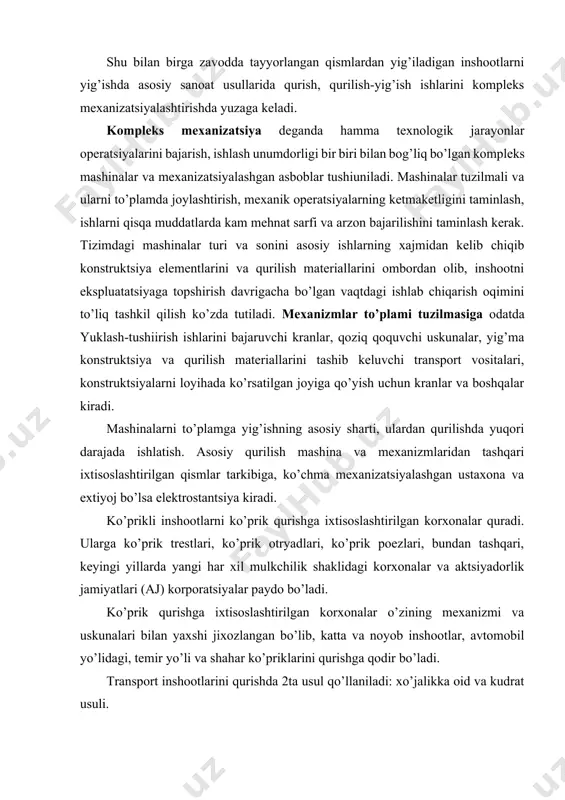 shqari, keyingi yillarda yangi har xil mulkchilik shaklidagi korxonalar va aktsiyadorlik jamiyatlari (aj) korporatsiyalar paydo bo’ladi. ko’prik qurishga ixtisoslashtirilgan korxonalar o’zining mexanizmi va uskunalari bilan yaxshi jixozlangan bo’lib, katta va noyob inshootlar, avtomobil yo’lidagi, temir yo’li va shahar ko’priklarini qurishga qodir bo’ladi. transport inshootlarini qurishda 2ta usul qo’llaniladi: xo’jalikka oid va kudrat usuli. xo’jalikka oid usulda qurishni buyurtmachi o’zi bajaradi. buning uchun uning tarkibida katta quvvatga ega bo’lmagan ixtisoslashgan qism bo’lishi kerak. shuning uchun xo’jalik usuli katta bo’lmagan xajmdagi ishlarni bajarishda, asosan tuzatish ishlarini bajarishda qo’llaniladi. yangi inshoot qurishda va rekanstruktsiya qilishda pudrat usuli qo’llaniladi. pudratchi bu- o’rnatilgan tartibda yoki tender asosida qurilish obьektida inshoot qurish huquqiga ega bo’lgan korxona yoki firma. inshootlarni qurishda yana bir nechta pudratchilar qatnashishi mumkin. bu xolatda buyurtmachi qoidaga asosan ularning asosiysi -bosh pudratchi bilan bilan muomala qiladi, qolgan ishlarga o’z navbatida o’ziga kerakli qo’shpudratchilarni jalb qiladi. pudrat ishlarini tendir asosida berish pudratchilar o’rtasidagi bozor …