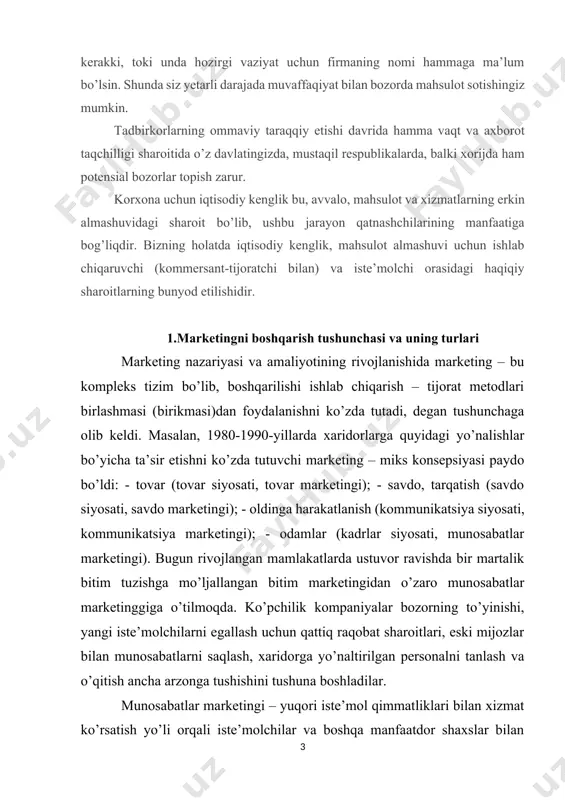 nish (kommunikatsiya siyosati, kommunikatsiya marketingi); - odamlar (kadrlar siyosati, munosabatlar marketingi). bugun rivojlangan mamlakatlarda ustuvor ravishda bir martalik bitim tuzishga mo’ljallangan bitim marketingidan o’zaro munosabatlar marketinggiga o’tilmoqda. ko’pchilik kompaniyalar bozorning to’yinishi, yangi iste’molchilarni egallash uchun qattiq raqobat sharoitlari, eski mijozlar bilan munosabatlarni saqlash, xaridorga yo’naltirilgan personalni tanlash va o’qitish ancha arzonga tushishini tushuna boshladilar. munosabatlar marketingi – yuqori iste’mol qimmatliklari bilan xizmat ko’rsatish yo’li orqali iste’molchilar va boshqa manfaatdor shaxslar bilan mustahkam o’zaro foydali munosabatlarni yaratish, saqlash va kengaytirish jarayonidir. agar butun dunyoda bugun marketingning ijtimoiy-etika konsepsiyasi umum tan olingan hisoblansa, o’zbekistonda marketing sezilarli darajada hayotga kirib kelmoqda. tashkilotlarda marketing xizmatlari yaratilmoqda, marketing tadqiqotlari o’tkazilmoqda, o’zbekiston bozorlari o’rganilmoqda. turli xil tovarlar bozorlarida yuzaga keladigan vaziyatlarga bog’liq holda tadbirkorlik faoliyatini boshqarish ko’rib chiqilgan konsepsiyalardan biri 28 asosida amalga oshirilmoqda. marketingning jahon tajribasi o’zbekiston bozorlarining o’ziga xos xususiyatlarini hisobga olgan holda bugungi iqtisodiy vaziyatda mamlakat korxonalari muvaffaqiyatlarining asosi bo’lib xizmat qiladi. ya’ni, …