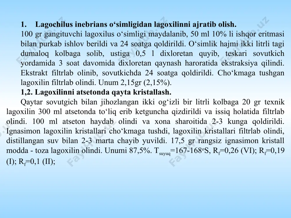 solib siklogeksan bilan 4 marta 100 ml dan ekstraksiya qilindi. siklogeksanli eritmalar birlashtirilib, 5 % natriy bikarbonat eritmasi bilan yuvildi erituvchisi (siklogeksan) haydalib qolgan chukma texnik di-o-izopropiliden lagoxilin qoldig‘i efir-benzol 15:1 tizimda silikagelli kolonkada ajratib olindi. 1,2. di-o-izopropiliden lagoxilin kolonkali xromatogafiya usuli bilan tozalash. diametri 2 sm uzunligi 35 sm li kolonkaga 25 g silikagelni efir-benzol 15:1 tizimda kasha qilib solamiz, silikagel joyiga yaxshilab joylashguncha kolonkadan utgan tizimni qayta kolonkaga solib turamiz. silikagel joyiga yaxshilab joylashguncha, sung di-o-izopropiliden lagoxilin qoldig‘ini efir atseton 15:1 tizimda aralashtirib kolonkaga solamiz. kolonkadan chiqqan fraksiyalarni 10 mldan bo‘lib-bo‘lib olamiz va xromotogafiya qilamiz bir xil rf qiymatli fraksiyalarni qushamiz erituvchilarni 3/2 qismini haydaymiz sovutgichga quyamiz oq kristall di-o-izopropiliden lagoxilin hosil bo‘ladi buni filtirlab. efirda qayta kristallab olindi. 1,3. di-o-izopropilidenlagoxilin efirda kayta kristallash di-o-izopropilidenlagoxilinni efir bilan teskari muzlatgichda eriguncha qizdirib, yarim eritmani haydab sovutgichga quyildi va oq kristall ko‘rinishida ajratib olindi. buni filtirlab absolyut efir bilan yuvildi …
