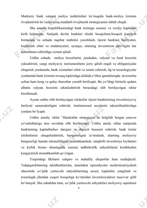 rimizning muayyan faoliyati investitsion aktivlarning muvofiq tarkibi va hajmini taʼminlash, tavakkalchilikning maqbul darajasida aktivlar daromadliligini oshirishga yoʻnaltirilishi kerak. oʻz navbatida bank resurs bazasini kengaytirish va bank resurslari saqlanishini taʼminlash ham istiqbol maqsadlari qatoridan joy olishi lozim. shundagina investitsion qoʻyilmalarning likvidliligi, xavfsizligi va daromadliligi hamda oʻsib borishi uchun pragmatik sharoit yaratiladi. shu oʻrinda investitsiya yoʻnalishida tijorat banklarini ragʻbatlantiruvchi omillar boʻyicha quyidagi takliflarni keltirib oʻtish mumkin: raqobatdagi ustunlikni oshirish, resurs bazasini kengaytirish hisobiga kreditlash hajmini oshirish, kredit portfeli tavakkalchiliklarini diversifikatsiyalash asosida tavakkalchilik darajasini kamaytirish, kredit qaytmasligi tavakkalchiligini kamaytirish. demak, hali oldinda qiladigan ishlar koʻp. masalan, mamlakatimiz banklarida hamon qisqa muddatli manbalarni qisqa muddatli aktivga yoʻnaltirish koʻlami kattaligicha toʻgʻri kelmoqda. shunday ekan, tijorat banklarining uzoq muddatli aktivlarga qoʻyilma qilish imkoniyatlarini kengaytirish zarur. hozirgi kunda respublikamiz banklarining fond bozoridagi operatsiyalari koʻlami kichikligicha qolmoqda. bu miqyosni tubdan qayta koʻrib chiqish maqsadga muvofiq. tijorat banklari likvidlilikni samarali boshqarish, investitsion portfel tarkibini oqilona shakllantirish yoʻlidagi ayrim toʻsiqlarni …