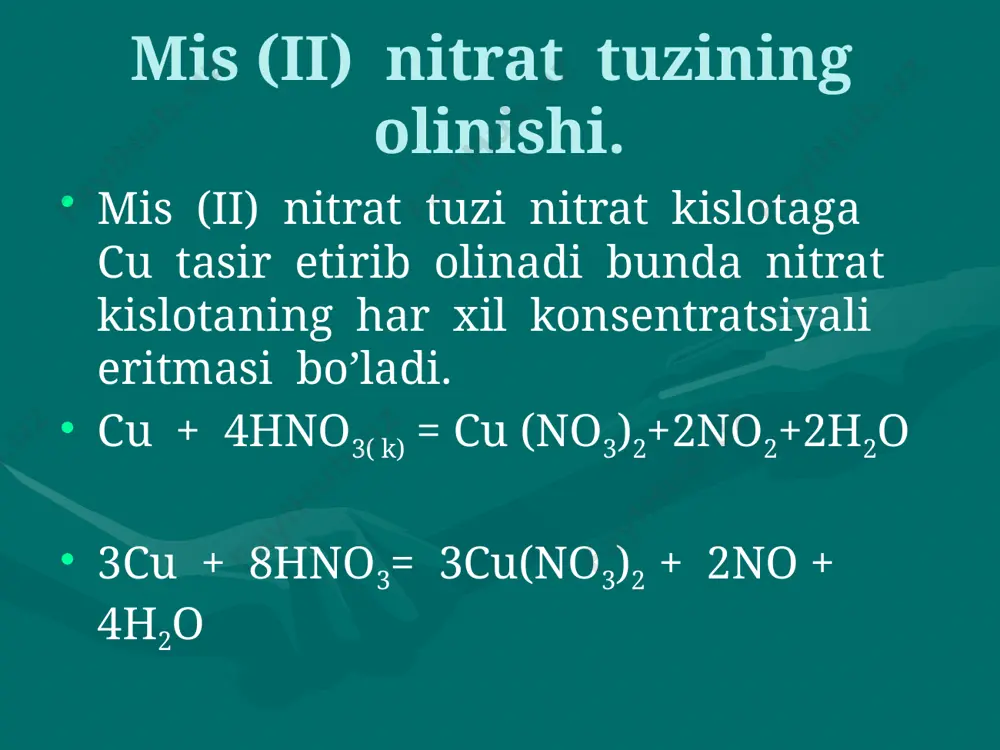 ilan reaksiyaga kirishib to’q yashil rangli cho’kma hosil qiladi. cu(no3)2 + n2o4 =cu(no3)2*n2o4 mis nitratning fizik xossalari suvsiz mis nitrat tuzi oddiy sharoitda oq rangli kristal modda.u suvda yaxshi eriydi. 124.7g mis nitrat 100g suvda 20oc da eriydi. 207,7g mis nitrat100g suvda 80ocda eriydi.mis nitratning kristolagidratlari ham mavjud, bularga cu(no3)2*nh2o, (n=1.5, 2.5, 3 ) uchraydi. mis nitrat tuzi e’tiboringiz uchun tashakkur. image1.jpeg image2.jpeg image4.wmf image5.png image6.png image7.png image8.png