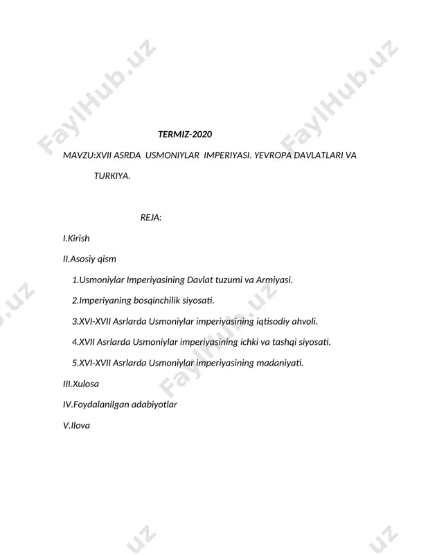 mavzu xususida anchayin ko’p izlanishlarni olib borgan. ammo bu mavzu hozircha atroflicha yoritilmagan. kurs ishining maqsadi va vazifalari. kurs ishida o’zbekistonda yevropa madaniyatini o’rganilishi, taraqqiyoti va uning oqibatlari zaruriy manbalar asosida o’rganish asosiy maqsad qilib qo’yilgan. o’zbekistonda mazkur davrda turkiyaning jamiyatdagi mavqei, siyosiy va iqtisodiy munosabatlardagi o’rni hamda ularning ijtimoiy-madaniy jihatdan jamiyatdagi o’rnini tahlil qilish nazarga olingan. bu masalalarni ilmiy-nazariy tahlil qilish jarayonida quyidagi vazifalarni bajarish maqsadga muvofiq deb hisoblandi; turkiya madaniyati va sanatini o’rganish uni keng ommaga yetqazish . kurs ishining manbaviy asoslari. oliy o’quv yurtlari, kasb-hunar kollejlari va akademik litseylarda sovet davrida o’zbekiston tarixini o’tayotganda darslik, qo’llanma, adabiyotlar, ko’rgazmali qurollar. kurs ishi obyekti va predmeti: kurs ishining obyekti sifatida xvii asr boshlarida usmoniylar imperiyasini yoritib berish. kurs ishining nazariy-uslubiy asoslari. tadqiqotning nazariy metodologik asosi sifatida, o’zbekiston respublikasi birinchi prezidenti i.a.karimov asarlarida qayd etilgan ajdodlarimiz tomonidan qoldirilgan boy moddiy va ma’naviy merosni o’rganish va ularni kelajak avlodga avaylab yetkazish …