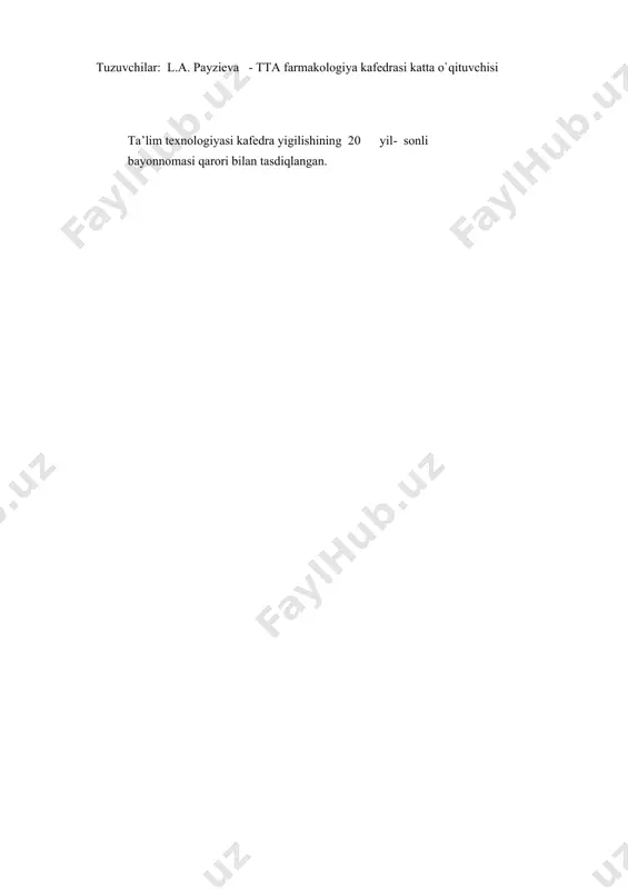 - informastiyani analiz qilish, umumlashtirish, qiyosiy ta’riflash, tizimlashtirish ko’nik-malarini rivojlantirish; - kommunikativ ko’nikmalarni rivojlantirish. o`quv faoliyati natijalari: talaba bilishi kerak: - sil, zaxm va viruslarga qarshi vositalarnitasniflash; - sil, zaxm va viruslarga qarshi vositalarni antibakterial xususiyatlari va spektrini yoritish; - sil, zaxm va viruslarga qarshi vositalarni ta’sir mexa-nizmini tushuntirish; - sil, zaxm va viruslarga qarshi vositalarni qo’llash uchun ko’rsatmalarni sanash; - sil, zaxm va viruslarga qarshi vositalarni chaqirgan nojo’ya ta’sirlari va asoratlarini ifodalashi kerak. talaba qila olishii kerak: - amaliy ko’nikmalar – resteptura bo’yicha vazifalarni bajarish (dorilarni chiqarish shakli, dozasi, miqdori va qo’llanilishini ko’rsatib resteptlar yozish: izoniazid (tab.), etambutol (tab.), rifampistin (kapsl.) ta’lim usullari usul: moychechak ; texnika: grafik organayzer – nilufar guli chizmasi. ta’lim shakli yakka tartibli, jamoaviy, guruxlarda ishlash ta’lim vositalari o`quv qurollari, o`quv jixozlari, dori vositalarni to’plami, dori vositalarga anatastiya to’plami, doska va bo’r. monitoring va baxolash - ogzaki nazorat: nazorat savollari, o`quv topshi-riqlarni guruxlarda bajarish - …