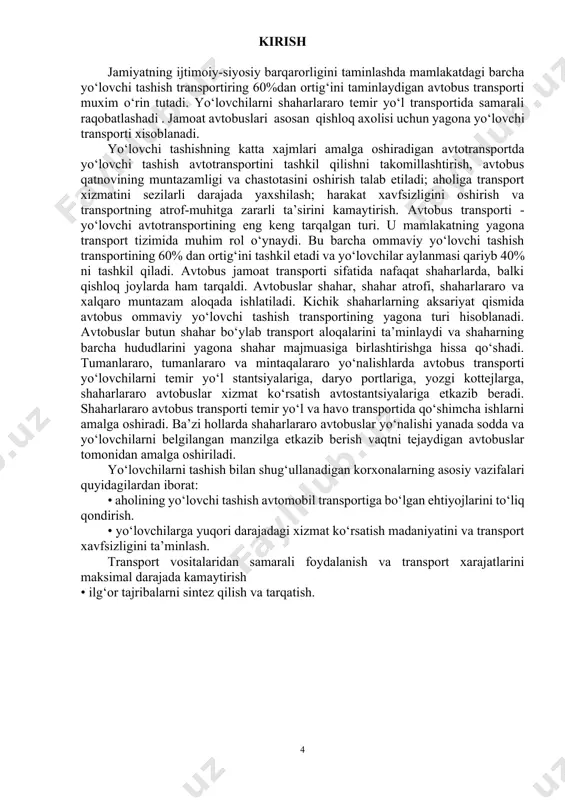 ko‘rsatilgan xaritasiga qayd etiladi va u asosida dalolatnoma tuziladi (2-jadval). 2-jadval yo‘nalishda xronometrik kuzatuvlarni qayta ishlash xaritasi to‘g‘ri yo‘nalish bo‘yicha t/r to‘xtash bekatlari nomi bekatlar orasida-gi masofa, m vaqt, min. texnik tezlik, km/soat harakat-lanish oraliq bekatlar-da to‘xtash oxirgi bekatda turish jami orqa yo‘nalish bo‘yicha t/r to‘xtash bekatlari nomi bekatlar orasida-gi masofa, m vaqt, min. texnik tezlik, km/soat harakat-lanish oraliq bekatlar-da to‘xtash oxirgi bekatda turish jami 1.2.1. harakat vaqti avtobuslar harakat vaqtini aniqlash uchun xronometrik kuzatuvlarni qayta ishlash xaritasidan foydalaniladi (2-jadval). reys davomida yo‘nalishdagi harakat vaqti har bir peregondagi harakat vaqtlari yig‘indisi orqali hisoblanadi. th = ; min. bu yerda: tꞌi – har bir pyeregondagi harakat vaqti, min. to‘g‘ri yo‘nalish bo‘yicha: th = orqa yo‘nalish bo‘yicha: th= 1.2.2. reys davomida oraliq punktlarda to‘xtash vaqti. reys davomidagi oraliq punktlarda to‘xtash vaqti har bir alohida olingan bekatlarda to‘xtash vaqtlari yig‘indisidan iborat: tob = ; min. bu yerda: tꞌi - oraliq punktlarda to‘xtash vaqti, …