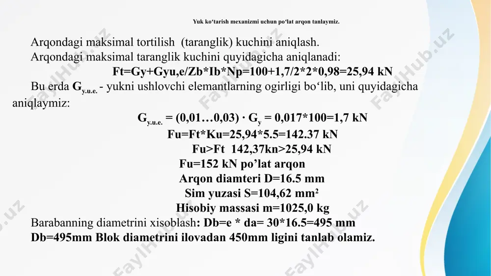 tr motor tanlandi. aravacha mexanizmini harakatlantiruvchi dvigatel uchun zaruriy qarshilik va inersiya momentlari hisoblandi. bu ma’lumotlar asosida yuritmaning ishga tushish holati baholandi. mexanizmning umumiy yuklanish diagrammasi tuzilib, real ish sharoitidagi yuklamalar taqsimoti tahlil qilindi. aravacha mexanizmining harakatlanish vaqti va yo‘li aniqlanib, harakat jadalligi baholandi. bu esa boshqaruv sxemasi va tezlik rejimini aniqlash uchun asos bo‘ldi. yuklangan va yuklanmagan aravacha mexanizmining harakatga keltirilishi paytidagi statik moment, aylanishlar soni va teskari yurish holati hisoblab chiqildi. bu orqali motorning moment-tezlik xarakteristikasi to‘liq yoritildi. dvigatelning mexanik xarakteristikasi hisoblab, tanlangan motor ish sharoitiga mos kelishi isbotlandi. ishga tushish, nominal holat va to‘xtash paytidagi xarakteristikalar chizildi. boshqarish apparatlari tanlab olindi. ular kranning xavfsiz ishlashi, avtomatlashtirilgan boshqaruv va himoya tizimlarini ta’minlashi hisobga olindi. yakuniy xulosalarda kurs ishida bajarilgan barcha hisoblashlar, tanlovlar va sxemalar o‘zaro uzviy bog‘liq ekani, elektr yuritma tizimining ishonchliligi va samaradorligi aniqlangani ta’kidlandi. ish davomida zamonaviy darsliklar, texnik normativlar va me’yoriy hujjatlar asosida foydalanilgan manbalar …