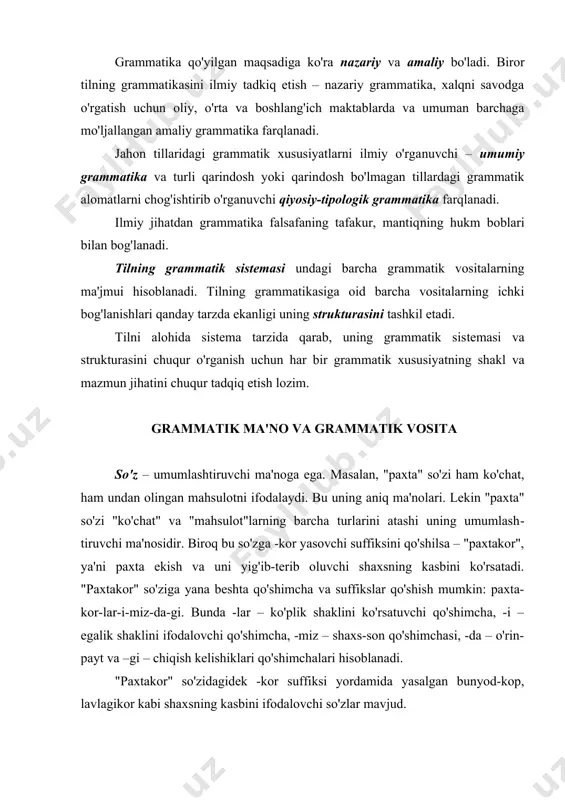 r", ya'ni paxta ekish va uni yig'ib-terib oluvchi shaxsning kasbini ko'rsatadi. "paxtakor" so'ziga yana beshta qo'shimcha va suffikslar qo'shish mumkin: paxta-kor-lar-i-miz-da-gi. bunda -lar – ko'plik shaklini ko'rsatuvchi qo'shimcha, -i – egalik shaklini ifodalovchi qo'shimcha, -miz – shaxs-son qo'shimchasi, -da – o'rin-payt va –gi – chiqish kelishiklari qo'shimchalari hisoblanadi. "paxtakor" so'zidagidek -kor suffiksi yordamida yasalgan bunyod-kop, lavlagikor kabi shaxsning kasbini ifodalovchi so'zlar mavjud. binobarin, -kor suffiksi yordamida yasalgan so'zlar guruhi va ularni har biridagi umumiy ma'no grammatik ma'no hisoblanadi. so'zlarning grammatik ma'nosini ifodalay oluvchi maxsus til vositalari qatoriga otlarda qo'llanuvchi kelishik, son, egalik, shaxs, son, mayl kabilarni ifodalovchi qo'shim​cha​lar kiradi. grammatik ma'no o'z mazmuniga ega bo'lib, bir guruh​dagi barcha so'zlarning biror belgisini ko'rsatadi va binobarin, umumiylik xususiyatiga ega. grammatik ma'no leksik ma'no​ga qaraganda ancha mavhumroq ekanligi uning biror guruh​da​gi so'zlarning umu​miy belgisini ifodalashi bilan izohlanadi. grammatik ma'noni grammatik vositalarsiz aniqlab bo'l​maydi. masalan, maktabni, maktabga, maktabda kabi so'z shakllarini qiyos​laganda, ulardagi kelishik …