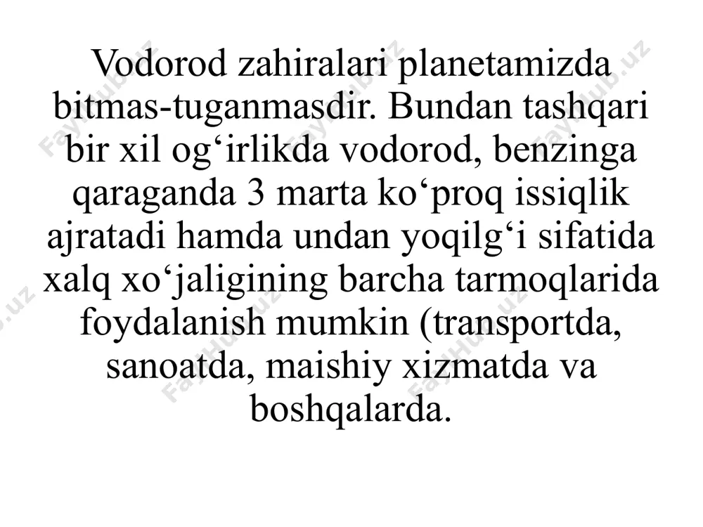 akiga 42 kg vodorod yoqilg‘isi joylashadi va bu yoqilg‘i bilan avtobus 167 km masofani bosib o‘tadi (91 b-rasm). hozirgi kunda dunyo bo‘yicha 55-60 mln tonna vodorod ishlab chiqariladi. vodorod asosan azotli o‘g‘itlar ishlab chiqarishda, past chastotali xom neftni motor yog‘iga aylantirishda qo‘llaniladi. siqilgan vodoroddan juda past (minus) tempyeratura olishda hamda kriogen raketa dvigatellari uchun yoqilg‘i sifatida foydalaniladi. vodorod yoqilg‘isidan ko‘proq foydalanish hamda undan benzin o‘rnida foydalanish to‘g‘risida doimiy ilmiy-tadqiqot ishlari olib borilmoqda. shahar chiqindilari. shahar chiqindilaridan organik yoqilg‘i sifatida foydalanib, ana’naviy usulda issiqlik energiyasi yoki elektroenergiya ishlab chiqarish mumkin. ammo shahar chiqindilarning hammasidan organik yoqilg‘i sifatida foydalanish maqsadga muvofiq emas. uning yoqilg‘i sifatid yoqish mumkin bo‘lgan qismidangina organik yoqilg‘i sifatida foydalanish mumkin. shuning uchun shahar chiqindilarining asosi bilan qisqacha tanishib o‘tamiz. ma’lumki katta kichik shaharlarining barchasida maishiy chiqindilar mavjud. har yili butun dunyoda (25 000 000 000) tonna chiqindilar hosil bo‘ladi. atrof-muhitni tozaligi, shahardagi insonlarning sog‘ligi chiqindilarni o‘z vaqtida yig‘ib …
