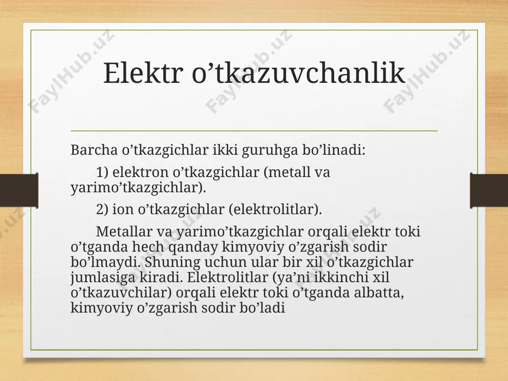 nini tubandagicha yozish mumkin: λ∞=f(uk*ua) eritmalarning elektr o’tkazuvchanligi nazariy jihatdan ham ahamiyatga ega. elektr o’tkazuvchanlikdan foydalanib, bir qancha amaliy misollarni hal qilish mumkin. chunonchi, oz eriydigan tuzlarning eruvchanligini aniqlash, gidroliz darajasini hisoblash kabi muhim masalalar elektr o’tkazuvchanlikni o’lchash bilan tez hal bo’ladi. ishlab chiqarish sharoitida ko’p mahsulotlar ayniqsa xomashyolarni kislota yoki ishqorlar bilan sinab ko’rish kerak bo’ladi. lekin bunday hollarda ba’zan kimyoviy titrlash usullaridan foydalanish qiyin, chunki eritma loyqa bo’lganidan indikator tiniq rangni ko’rsatmaydi. ana shunday hollarda eritmaning elektr o’tkazuvchanligini o’lchab, to’gri natija olish mumkin. h+ va oh- ionlar elektr maydonida hamma ionlarga qaraganda tez harakat qiladi. shuning uchun ham kislota va asos eritmalarining elektr o’tkazuvchanligi ularga muvofiq keladigan tuzlarnikidan ortiq bo’ladi. metallar elektr o’tkazuvchanligini elektron nazariya asosida tushuntirish металларда заряд ташувчиларнинг табиати металларда заряд ташувчи зарранинг табиатини аницлаш учун қуйидаги тажрибалар қилинган. рикке иккита мис цилиндр уртасига шу диаметрдаги алюминий цилиндрни қўйиб, бу система орқали узлуксиз равишда бир йил …