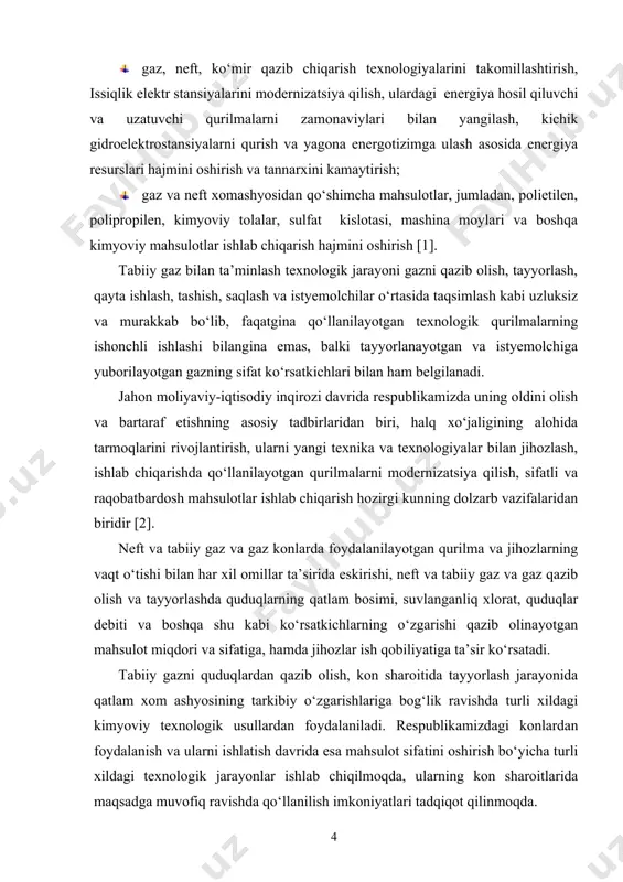 natijasida ajratilgan fraksiyada molekulyar og‘irligiga va aralashmaning murakkabligiga bog‘liq holda oxirida quyidagilarga erishiladi. 1. neft tarkibida uglevodorodlarning ayrim gruppalari yoki boshqa komponentlarning mavjudligi. 2. yuqori molekulyar uglevodoradlar aralashmasida gibridlangan molekula tuzilish elementlarining nisbiy tarqalishi. 3. ayrim individual kompenentlarnin borligi. hozirgi vaqtda neftning komponentlar tarkibini aniqlash gazlar va yengil benzin fraksiyalarini faqatgina uzoq teshirishlar bilangina amalga oshirilmoqda. neftning kimyoviy tarkibi murakkabligiga qarab, uni ajratish uchun turli xil metodlar qo‘llaniladi: haydash va rektifikatsiyalash, adsorbsiya – desorbsiya, ekstraksiya, kristallizatsiya, qattiq kompleks birikmalar olish va boshqa metodlar[36]. distillatsion metod – atmosfera bosimida va vakuum tasirida haydash. oddiy haydash orqali bir – biriga yaqin bo‘lgan temperaturalarda qaynaydigan suyuqliklarni ajratish juda mushkul. shuning uchun oddiy haydash keng sohalarda haydaladigan fraksiyalarni ajratishda qo‘llaniladi. masalan, benzinlar va kerosinlar gruppalarini kimyoviy analiz qilishda ularni standart fraksiyalarga ajratiladi. 60 – 95 , 95 – 112 oc, 112 - 150 oc va boshqalar. bunda deflegmator bilan haydaladi. yuqori tempratura, yani 300 …