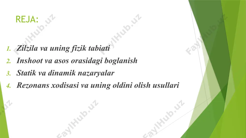 nadiyer sathida bunday inshootlarga ta’sir etuvchi zo‘riqishlarni yeki poydevor ostidagi seysmik kuchlarni hisoblashda ular inshootlarning ogirlik markaziga qo‘yilgan deb olinadi. turli sathlarda konstruksiyalarning mustahkamligini tekshirish kerak bo‘lsa, hisobiy sxemada ogirlik balandlik bo‘yicha yeyilgan va demak, o‘sha sathlarda seysmik kuchlar aniqlanadi. zilzila va uning oqibatlari zilzila tolqini va bino tabiy chastotasi agar zilzila to‘lqinlarining chastotasi bino yoki inshootning tabiiy chastotasiga mos kelsa, rezonans hodisasi yuzaga keladi. bu esa tebranish amplitudasini keskin oshirib, jiddiy zarar yoki qulashga olib kelishi mumkin. statik va dinamik nazaryalar bu nazariyada maksimal inersiya kuchini aniqlash uchun tezlanish hisoblansa yetarli bo‘ladi. gruntning tezlanishi ogirlik kuchining tezlanishi kabi inshootga doim ta’sir etib turadi, ya’ni seysmik kuchlar ushbu inshootga statik ta’sir etib turadi deb faraz qilinadi. ushbu nazariyaning nomi ham ana shu holatdan kelib chiqqan. . 1957 yilgacha bajarilgan hisoblashlar ana shu nazariyaga asoslangan edi. zilzilabardoshlikning keyingi rivoji n.mononobe nomi bilan bogliq bo‘lib, u inshootlar deformatsiyalanmaydi degan gipotezadan voz kechib, …