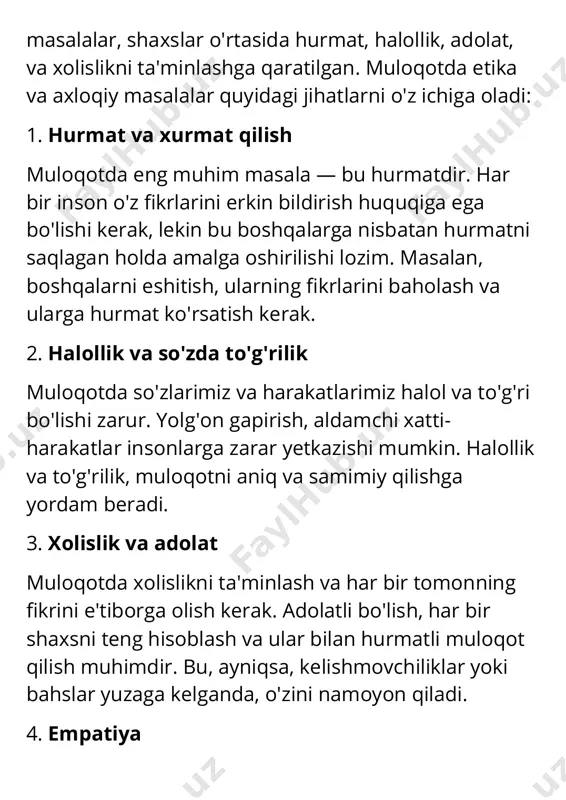 xologik to‘siqlardan biridir. bu holatda, odamlar g‘azab yoki boshqa salbiy his-tuyg‘ularni boshqalarga yo‘naltirishi mumkin. agar biri o‘zini tajovuzkor yoki haddan tashqari agressiv his qilsa, bu muloqotni samarali qilishni qiyinlashtiradi. 6. o‘zini o‘zgartirishdan qo‘rquv (inertlik) ba'zan odamlar o‘z fikrlarini yoki qarashlarini o‘zgartirishni yoki yangiliklarga moslashishni xohlamasliklari mumkin. bu o‘zgarishlarga qarshi psixologik qarshilik, o‘zini o‘zgartirishdan qo‘rquv va o‘zgarishlarga nisbatan befarqlikni keltirib chiqaradi. bu holatda, muloqot ko‘pincha samarali bo‘lmaydi, chunki shaxslar yangi g‘oyalarga ochiq bo‘lmaydi. 7. qarama-qarshilik va o‘zaro tushunmovchilik har xil fikrlar va qarashlar mavjud bo‘lganda, odamlar bir-birini tushunmasligi yoki qabul qilmasligi mumkin. bu, ko‘pincha madaniy yoki shaxsiy tafovutlardan kelib chiqadi. o‘zaro tushunmovchiliklar, muloqotni samarali qilishni qiyinlashtiradi. 8. tinchlikni saqlash istagi (passivlik) ba'zan odamlar, muloqotda yuzaga kelgan kelishmovchiliklardan yoki bahslardan qochish uchun passiv bo‘lishadi. ular faqat o‘z fikrlarini ifodalashdan yoki qarama-qarshilikka kirishishdan qochishadi. bu holatda, muloqot yuzaga kelgan masalalarni hal qilmasdan, muammo keltirib chiqarishi mumkin. 9. stress va tashvish stress, tashvish yoki …