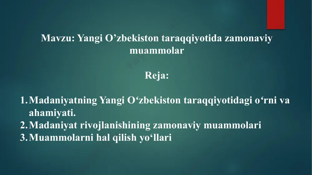 tish yoʻllari: madaniyat sohasiga davlat tomonidan ko‘proq investitsiya ajratish. ta’lim tizimida milliy madaniyat va qadriyatlarni mustahkamlovchi dasturlarni joriy qilish. madaniyatni raqamlashtirish va uni global platformalarda targʻib qilish. yoshlar orasida madaniyat va sanʼat sohalariga qiziqishni oshirish uchun maxsus dasturlar yaratish. ushbu muammolarni hal qilish orqali yangi oʻzbekiston madaniyati nafaqat ichki, balki xalqaro miqyosda ham rivojlanishi mumkin. e’tiboringiz uchun rahmat image6.jpg image7.jpg image2.png image3.png image4.png image5.png /docprops/thumbnail.jpeg