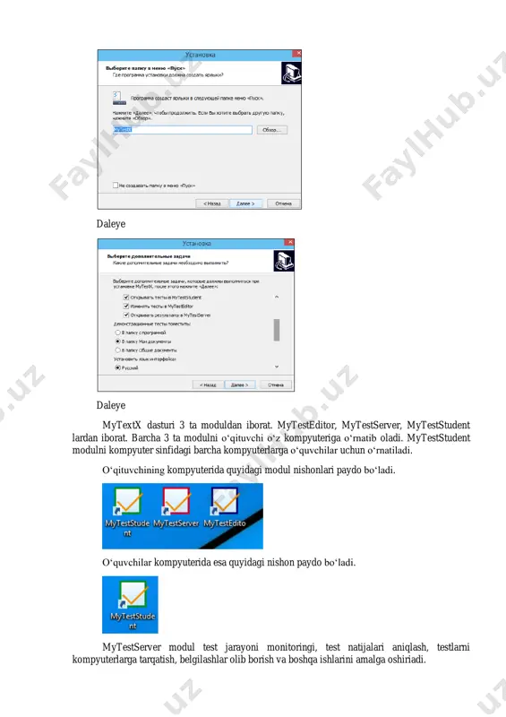 taxrirlash va boshqa ishlarini amalga oshiradi. test tayyorlash va taxrirlash  mytesteditor modulni ishga tushiramiz. fayl-otkrit- mytestx tests papkaga kiramiz va demo testlardan demotest01 faylni ochamiz. bu tayyor test yordamida test turlarini o‘rganamiz. bu esa bizga vaqtni tejashga yordam beradi. bu demo testda 10 xil test turiga misollar keltirilgan. fayl bo‘limidagi barcha buyruqlar bizga tanish, ya’ni fayl yaratish, ochish, xotiraga olish, qayta nomlab xotiraga olish, test to‘g‘risida ma’lumot, boshqa testga joriy testni import qilish (qo‘shish). eksport-bumajniy test...buyrug‘i bajarilsa test fayl oddiy matn faylga eksport qilinadi.  eksport buyrug‘ini bajarib ko‘ramiz.  ok buyrug‘ini tanlaymiz. bir necha sekunddan so‘ng eksport fayl matn xolatda ekranda namoyish etiladi. yangi test savollari tayyorlash uchun zadaniye-dobavit tanlanadi va zaruriyatga ko‘ra biror test turi tanlanadi. mytestserver va myteststudent modullarni sozlash bu mashg‘ulotimizda mytestserver va myteststudent modullari bilan ishlashni o‘rganamiz. ya’ni testni tarmoq bo‘yicha tarqatish va testni tarmoqdan olish, uni topshirish ishlari bilan tanishamiz. eslatib o‘tamiz mytestserver …