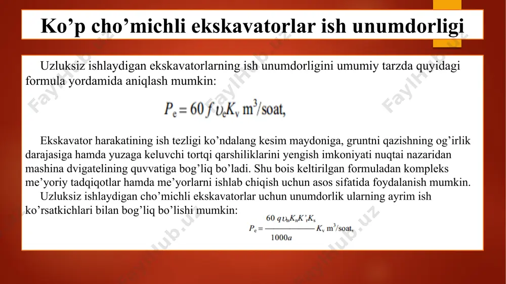 ida yuzaga keladigan kamchilik va vaqt yo’qotishlarni bartaraf etish orqali ish samardorligiga erishish mumkin, buning uchun esa dastavval ishni tashkil etishda to’g’ri texnologiyani tanlash va bu texnologiya uchun optimal bo’ladigan texnikaning tanlanishi ish samaradorligini ta’minlaydi. bundan tashqari esa ish vaqtida ishchining malakasi va vaqtdan foydalanishi ham ishning samarali bo’lishiga katta ta’sir ko’rsatadi. shu sababli maksimal ish samaradorligiga erishish uchun samaradorlik usullarining barchasidan samarali foydalanish yaxshi natija berishi mumkin. foydalanilgan adabiyotlar g`.t.davronov, l.x.irmuxamedova “gidromeliorativ ishlarni tashkil etish” s.t. vafoyev, b.s. mirzayev “qurilish va melioratsiya mashinalarini loyihalash asoslari” toshkent-2016 www.ziyonet.uz image6.png image7.png image8.png image9.png image2.png image3.png image4.png image5.png /docprops/thumbnail.jpeg