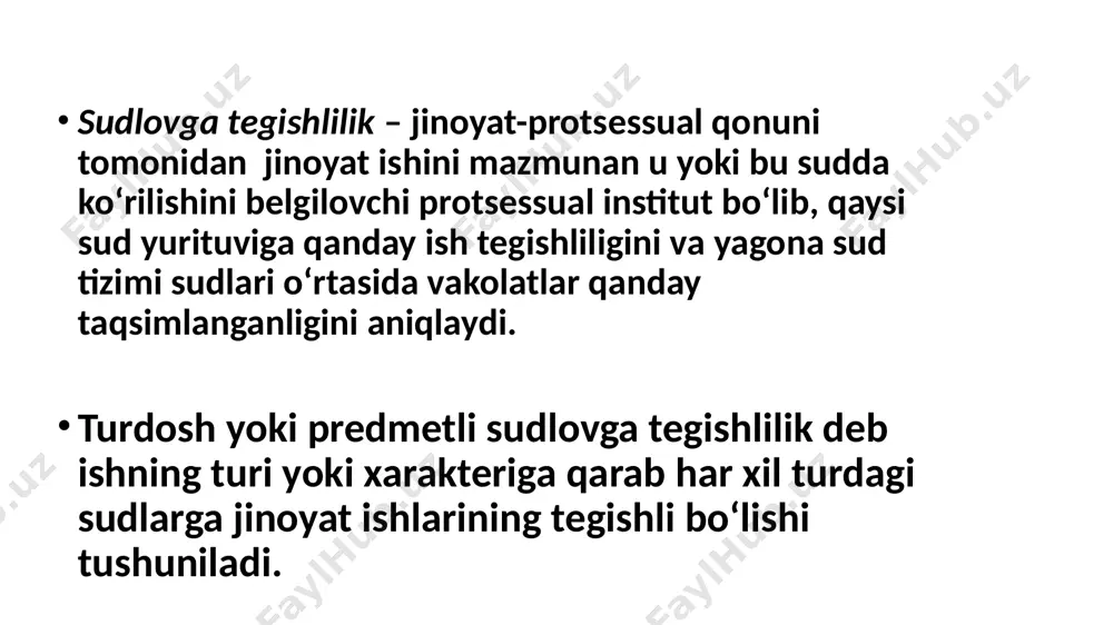 , shuningdek surishtiruv va dastlabki tergov o‘tkazishni belgilovchi protsessual normalariga rioya qilinganligini o‘z vaqtida aniqlash zarur. jinoyat ishi boʻyicha sudya jpkning 395-moddasida belgilangan qarorlardan birini qabul qiladi: jinoyat ishini sudda koʻrish uchun tayinlash toʻgʻrisida; jinoyat ishi yuzasidan ish yuritishni toʻxtatib turish toʻgʻrisida; jinoyat ishi yuzasidan ish yuritishni tugatish toʻgʻrisida dastlabki tergov va surishtiruvning texnik yoʻsindagi kamchiliklarini bartaraf etish uchun ishni ayblov xulosasi yoki ayblov dalolatnomasini tasdiqlagan prokurorga yuborish toʻgʻrisida. ayblov xulosasining nusxasi sud majlisi boshlanishidan kamida uch kun avval topshirilishi lozim. sud muhokamasi jinoyat protsessining markaziy va hal qiluvchi bosqichi hisoblanadi. bu bosqichda jinoyat protsessining asosoiy vazifalari yuzasidan bir to‘xtamga kelinadi, ya’ni sud jinoyat ishini mazmunan ko‘rib, o‘z hukmida shaxsni aybdor yoki aybdor emasligi, ushbu qilmishi uchun jazolash yoki jazolamaslik masalasini uzil-kesil hal qiladi. sud tergovi ayblov xulosasi yoxud ayblov dalolatnomasining xulosa qismida bayon etilgan, sudlanuvchiga qoʻyilgan ayblov mazmunini davlat ayblovchisi tomonidan oʻqib eshittirishdan boshlanadi (jpkning 439-m.). har bir guvoh …