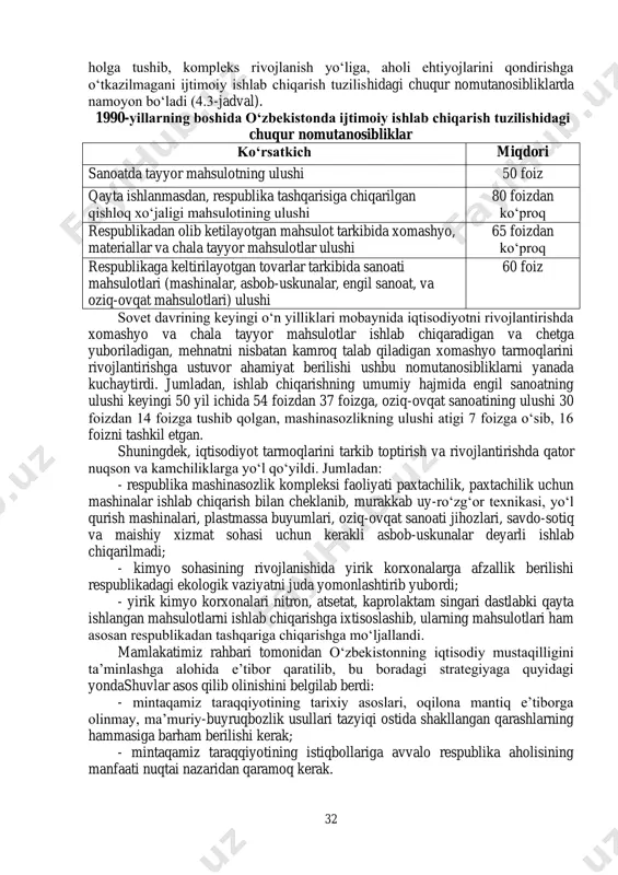 edi. o‘zbekiston sobiq ittifoq tarkibida uzoq yillar davomida hukm surgan ma’muriy-buyruqbozlik tizimi ta’sirida faqat xomashyo etkazib berishga asoslangan, qoloq va mo‘rt iqtisodiyotga ega bo‘lib, bu holat respublika aholisi daromadlari va turmush darajasiga ancha keskin ta’sir ko‘rsatdi. bu davrda respublika barcha asosiy iqtisodiy va ijtimoiy ko‘rsatkichlar bo‘yicha ittifoqdagi o‘rtacha darajadan ham ancha orqada bo‘lib, mamlakatda oxirgi o‘rinlardan biriga tushib qoldi. jumladan, aholi jon boshiga yalpi ijtimoiy mahsulot ishlab chiqarish bo‘yicha ittifoqdosh respublikalar orasida 12-o‘rinni, daromad darajasi, asosiy turdagi mahsulotlarni iste’mol qilish jihatidan eng oxirgi o‘rinlardan birini egallab keldi. aholi jon boshiga milliy daromad ishlab chiqarish bo‘yicha ittifoqdagi o‘rtacha darajadan 2 barobar, xalq iste’moli mollari ishlab chiqarish bo‘yicha 2,5 barobar, sanoatdagi mehnat unumdorligi jihatidan 2,5 barobar, qishloq xo‘jaligidagi mehnat unumdorligi jihatidan esa 2 barobar, aholining o‘rta hisobda go‘sht mahsulotlari, tuxum, sut va sut mahsulotlari iste’moli bo‘yicha 2 barobar orqada qolgan. o‘sha davrda kun kechirish uchun oyiga o‘rta hisobda kamida 85 so‘m zarur …