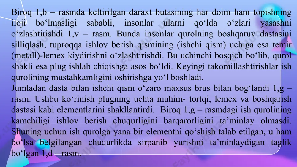 hinaning quvvati va funksiyalarini ko‘paytirish orqali uning tezligini oshirish va burish (boshqarish) imkoniyatlari ham oshib, undan foydalanish sohalari ham kengayib bordi. 1920- yildan boshlab motorli tortuvchi mashinalar va motorpluglarda dizel dvigatellari foydalanila boshlandi. qishloq xo‘jaligi texnikalarining yaratilishi qishloq xo‘jaligini mexanizatsiyalashtirishda integratsiya– davlatlararo texnologiya va texnikani o‘zaro almashib joriy qilinishi avj olib bormoqda. rivojlangan mamlakatlarda qo‘llanilayotgan tejamkor, iqtisodiy samaradorligi yuqori texnologiya va texnika vositalari boshqa davlatlarda ham qo‘llanila boshlamoqda. shu jumladan, o‘zbekistonga intensiv bog‘larda meva yetishtirish texnologiyasi, yuqori quvvatli traktorlar, unumi yuqori qishloq xo‘jalik mashinalarining kirib kelishi va ishlab chiqarishga joriy etilishi boshlandi. milliy boyligimiz bo‘lgan paxtani yetishtirishdan boshlab to‘plangan hosildan qayta mahsulot olish jarayonlari asosan mexanizatsiyalashtirilgan va ayrim jarayonlar esa avtomatlashtirilgan. chigitdan olinadigan mahsulotlar turi 30 xilga yaqinligi va barchasini ajratib olish jarayoni avtomatlashtirilganligi bunga misol bo‘la oladi. shu yerda, mutaxassis muhandislarga, har qanday texnologiya va texnika o‘zbekiston sharoitiga mos kelmasligi sabablariga ham etibor berishlarini va xorijdan olib kelinayotgan texnikalarni …
