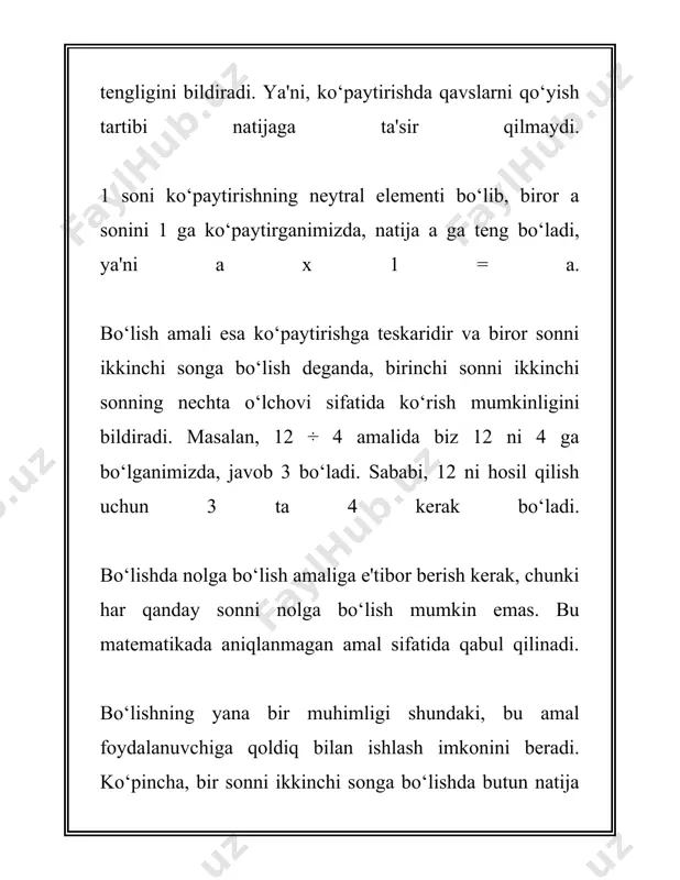 arifmetik amallarni yevropaga taqdim etdi. uning "liber abaci" asari orqali ko‘paytirish va bo‘lish amallari yevropada keng tarqaldi. 16-17-asrlarda, logarifmlar va hisoblash liniyalari kabi yangi vositalar yordamida ushbu amallar yanada yengillashtirildi. jon nepier 1614-yilda logarifmlar nazariyasini chiqarib, ko‘paytirish amallarini yengillashtirdi. bu esa bo‘lish amallarini ham osonlashtirdi. matematik rivojlanish jarayonida ko‘paytirish va bo‘lish amallarining takomillashuvi, algebra va kalkul tenglamalarining yechimi orqali davom etdi. 19-20 asrlarda ularga oid mexanik va elektron kalkulyatorlar ishlab chiqildi, bu esa amallarni bajarish tezligini oshirdi. hozirgi kunga kelib, ko‘paytirish va bo‘lish amallari inson hayotida va hisoblash ishlarida ajralmas qism bo‘lib qolgan bo‘lib, ular nafaqat kundalik hayotda, balki ilm-fan va texnika sohalarida ham keng qo‘llaniladi. shuningdek, dasturlash va kompyuter fanida bu amallar algoritmlar asosida qo‘llanilib, kompleks masalalarni hal qilishda ishlatiladi. 3. o‘quvchilarga ko‘paytirish va bo‘lish amallarini o‘rgatish usullari ko‘paytirish va bo‘lish amallarini o‘rganish o‘quvchilar uchun asosiy matematik mahorat hisoblanadi. ushbu amallarni o‘rgatishda o‘qituvchi turli usullardan foydalanishi mumkin. quyida ko‘paytirish …