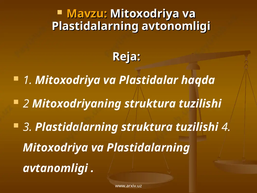 oringa o’hshash elementar zarrachalar qalin joylashgan. bularga oksisomalar deb atalib, diametri 70-90 a keladigan boshchaga, 40 a uzunlikdagi oyoqchaga ega. www.arxiv.uz www.arxiv.uz mitoxondriyalar ichki membranasida nafas olish zanjiri deb ataladigan murakkab va ketma-ket boradigan bioenergetik jarayonini amalga oshiradigan fermentlar ham izchil ketma-ketlikda joylashadi. strukturasi va funksiyasi jihatdan tashqi membrana ichki membranadan farq qiladi. tashqi membrana qator moddalarni jumladan nafas olish substratlarini o’zi orqali erkin o’tkazadi. ichki membrana orqali bu moddalar faqat aktiv transport mexanizmi yordamida o’ta oladi. www.arxiv.uz www.arxiv.uz optik mikroskop kashf etigandan keyin olimlar yashil o’simliklar hujayrasida yashil donachalarni kuzatib, ularga xromoforlar deb atashdi. shimper (1885) barg hujayralarida yashil danachalardan tashqari yana sariq, to’q sariq, rangsiz tanachalarni kuzatib ularni hammasini plastidalar deb nomladi. пластадалар думалок ёки овал шаклида бo’либ, икки қаватли мембрана билан o’ралган бo’либ рангсиз (пропластадлар, лейкопластлар, этаопластлар) ёки рангли (хлоропластлар, хромопластлар) органоиддир barg hujayralarida 20-50 donagach plastida bo’ladi. www.arxiv.uz www.arxiv.uz www.arxiv.uz www.arxiv.uz proplastadlar mеristеma to’qimalari hujayralarida ko’proq …