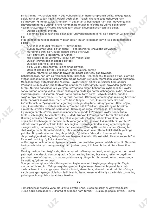 mo’ylovi shopdek yigit, — yuz, ikki yuz chavandoz ichidan yoppa-yolg’iz uloqni ajratib chiqar ekan-da! — u vaqtning odamini uloqning piri desang-chi! — dedi sobir tegirmonchining o’g’li. — oting yaxshi va bilagingda kuch serob bo’lsa, sen ham uloqning piri bo’lasan! — dedi yana biri. men bobomning maqtovini eshitib, kekkayib bormoqdaman... shu paytda orqamizdan ot shatalog’i eshitilib, qayrilib qaragan edik, oldiga bir ola echkini o’ngargan, ko’kragi ochiq, yaktakchan, saman otliq bir yigitni ko’rdik. u bizga yetib to’xtadi va hamma bilan ot ustida turib so’rashdi. — bu hafta yordamlashasiz-da, karvon! — dedi kulimsirab to’g’on aka. — ha, bo’lmasam-chi, sizdek og’aynilarga ko’maklashmasam bo’ladimi! — dedi haligi yigit va to’zumsizlandi: — qani, ildamroq yuringlar! yigit bilan birgalashib ketdik. biroz borgach, bizning otimizning oyog’i bilan chavandoz yigitning sabri tugadi shekilli, otiga birdan shartillatib qamchi berdi va qushdek uchib ketdi. biz, faqat uning: «men tezroq boray», — degan so’zini eshitib qoldik. endi so’z haligi chavandozning oti to’g’risida …