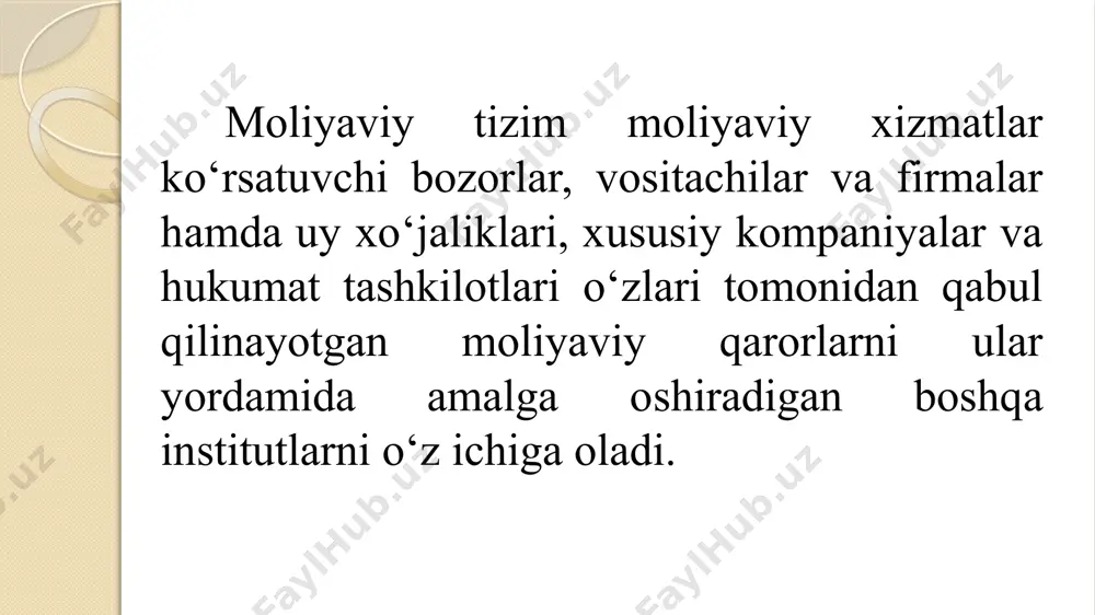 ov tizimi moliyaviy tizim funksiyalari stimullashtirishning psixologik muammolarini yechish resurslarning birlashishi va kapitaldagi ishtirok ulushining bo’linishi informatsion qo’llab-quvvatlash moliya tizimi sohalari xo’jalik yurituvchi subyektlar moliyasi davlat va mahalliy moliya 4. moliya tizimi soha va bog’inlari xo’jalik yurituvchi subyektlar moliyasi bog’inlari tijorat korxonalari va tashkilotlari moliyasi notijorat tashkilotlar moliyasi davlat va mahalliy moliya sohasi bog’inlari davlat moliyasi davlat krediti moliyaviy voitachilar moliyasi davlat maqsadli fondlari moliya tizimining alohida sohalar va bo`g’inlarga bo`linishi yaimni shakllantirish, taqsimlash va qayta taqsimlashda, daromadlarni shakllantirish va ulardan foydalanishda iqtisodiy munosabatlar sub`ektlarining bir-birlaridan farqli ravishda ishtirok etishi bilan belgilanadi. moliya tizimining har bir sohasi va bo`g’iniga pul fondlari va daromadlarini shakllantirish va ulardan foydalanishning o`ziga xos bo`lgan shakllari va metodlari tegishlidir. 5. xorijiy mamlakatlarning davlat moliya tizimi xorijiy mamlakatlarning davlat moliya tizimi davlat byudjeti tizimi maxsus nobyudjet fondlar davlat va mahalliy hokimiyat organlari kreditlari davlat korporatsiyalari moliyasi unitar (yagona) davlatlarning byudjet tizimi davlat byudjeti ko’p sonli mahalliy …