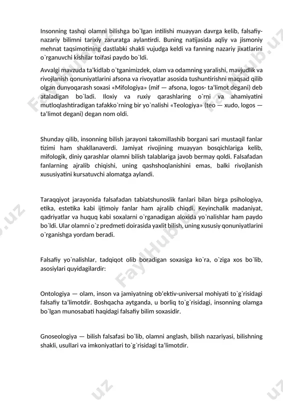 ayon maxsuli bo`lib, u jamiyatning rivojlanish darajasiga mos keladi va uni o`zida ifoda etadi. falsafiy bilimlar tizimidagi aloxida yo`nalish har bir tarixiy davrda o`ziga xos qonuniyatlar asosida rivojlansa ham, ularning umumiy tamoyillari mavjud. ya’ni, birinchidan, har bir falsafiy bilim yo`nalishi jamiyat rivojlanishida o`ziga xos determinant (sabab) vazifasini bajaradi. ikkinchidan, falsafiy bilimlar jamiyat taraqqiyotiga ta’sir qiluvchi sub’ektiv omil bo`lsa ham, vujudga kelish asosi – genezisi nuqtai nazaridan ob’ektiv hodisadir. uchinchidan, falsafiy bilim yo`nalishlarining o`zaro bog`liqlik, aloqadorlik munosabati, ularning dunyoni bilishdagi yaxlitligini ta’minlaydi. falsafiy g`oyalar va ularning amaliyoti. insoniyatning yashashi, rivojlanish istiqbollari, orzu-xavaslari, intilishlari, umidlari, turmush tarzi g`oyaviy qarashlarda ham o`z ifodasini topadi. falsafiy g`oyalar, obrazli qilib aytganda, inson hayot tarzining ko`zgusidir. har qanday falsafiy bilim dastlab g`oya tarzida shakllanadi. falsafiy g`oya insoniyat oldida to`rgan muayyan muammoni anglash va uni xal qilish maqsadi, uslub va vositalarining ifodasidir. kishilarning narsa va hodisalarga o`z extiyoj va manfaatlari nuqtai nazaridan yondashishi natijasida muammoga munosabat va …