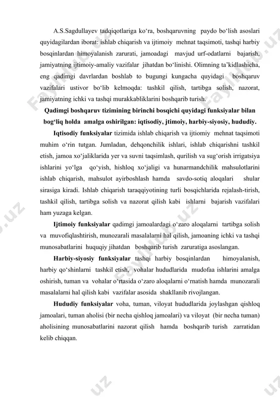 qadimgi jamoalardagi o‘zaro aloqalarni tartibga solish va muvofiqlashtirish, munozarali masalalarni hal qilish, jamoaning ichki va tashqi munosabatlarini huquqiy jihatdan boshqarib turish zaruratiga asoslangan. harbiy-siyosiy funksiyalar tashqi harbiy bosqinlardan himoyalanish, harbiy qo‘shinlarni tashkil etish, vohalar hududlarida mudofaa ishlarini amalga oshirish, tuman va vohalar o‘rtasida o‘zaro aloqalarni o‘rnatish hamda munozarali masalalarni hal qilish kabi vazifalar asosida shakllanib rivojlangan. hududiy funksiyalar voha, tuman, viloyat hududlarida joylashgan qishloq jamoalari, tuman aholisi (bir necha qishloq jamoalari) va viloyat (bir necha tuman) aholisining munosabatlarini nazorat qilish hamda boshqarib turish zarratidan kelib chiqqan. qadimgi davlat boshqaruvining ikkinchi bosqichi jamoalarda o‘zini-o‘z boshqaruv muassasalarining yo‘lboshchi hokimiyatiga to‘la bo‘ysundirilishi bilan bog‘liq bo‘lib, bu jarayonda jamoa a’zolari o‘rtasidagi ichki va tashqi aloqalar, huquqiy tartibot yanada takomil-lashib boradi. bu holat esa davlat tizimidagi turli vazifalarning huquqiy tartibga solinishi va hokimiyatning huquqiy jihatdan rasmiylashtirilishiga olib keladi1. davlat boshqaruvi tushunchasi va boshqaruv tasnifi. tadqiqotlarga ko‘ra, jamiyatdagi inson faoliyati ta’sirida ro‘y beradigan jarayonlar hamda voqea-hodisalar …