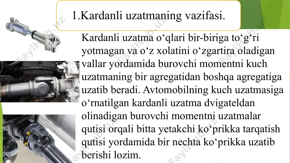 bu turdagi kardan sharnirlari uncha katta bulmagan ( 3…50 ) burchak ostida burovchi moment utkazishga muljallangan buladi va agregatlarni biriktirishdagi va ramaning deformatsiyasi okibatida uklarni siljishidagi noaniklikni bartaraf etadi. 2.kardanli uzatmaning turlari. image1.jpg image2.jpg image3.jpeg image4.png image5.jpg image6.emf image7.emf image8.emf image9.emf /docprops/thumbnail.jpeg