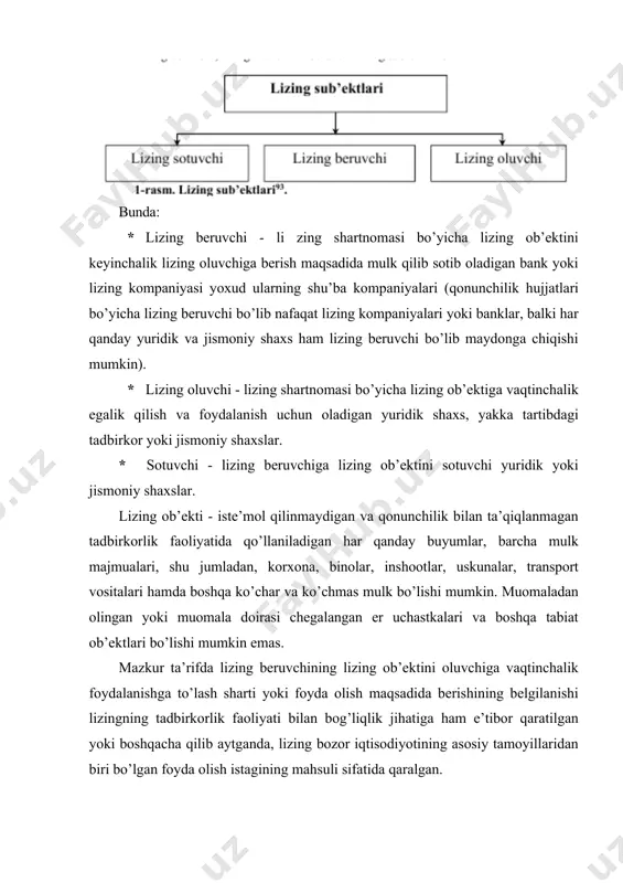 zing shartnomasining muddati tugagach, lizing oluvchi lizing ob’ektini uning bozor qiymatidan past narxda evazini to’lab sotib olish huquqiga ega bo’ladi, bunda ana shu huquqni amalga oshirish kunidagi lizing ob’ekti qiymati asos bo’ladi; · lizing shartnomasi davrida uchun lizing to’lovlarining umumiy summasi lizing ob’ekti qiymatining to’qson foizidan oshadi. shu tariqa, agar, misol uchun, taraflar shartnomada ob’ektga mulk huquqi lizing shartnomasining muddati tugagach, lizing oluvchiga o’tishini belgilagan bo’lsalar, - birinchi tasniflash alomatiga rioya qilinadi va bunday bitim lizing bitimi sifatida qaraladi. tegishincha, qolgan to’rt alomatga rioya qilishga zarurat yo’q – ulardan istalgan biri kifoyadir. biroq, yuqorida ko’rsatilgan alomatlardan birortasiga javob bermaydigan bitim lizing hisoblanmaydi. barcha mamlakatlarning amaliyotda keng tarqalgan lizing turlari bu moliyaviy va joriy ijara turlaridir. moliyaviy ijara – bu lizing, oddiy, ya’ni moliyaviy bo’lmagan ijara esa joriy lizing deyiladi. bugungi kunda ham amaliyotda lizing bitimlari yo lizing (moliyaviy ijara) yoki joriy lizing (oddiy ijara) shakli tuzilmoqda. shu sababli lizingdan joriy …