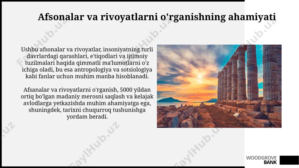 g yil avval, og'zaki an'analar orqali, avloddan-avlodga o'tib kelgan vaqt o'tishi bilan turli xil shakllarga ega bo'lgan ibtidoiy jamiyatlarda paydo bo'lgan. woodgrove bank tabiat hodisalari va afsonalar qadimgi misr mifologiyasida nil daryosi hayot manbai sifatida qaralib, uning toshqini va qurib qolishi xudolarning xohish-irodasiga bog'liq deb hisoblangan. qadimgi yunon mifologiyasida 12 ta oliy xudo (olimp xudolari) mavjud bo'lib, ularning har biri o'ziga xos kuch va vazifalarga ega edi, masalan, zevs – yomg'ir va momaqaldiroq xudosi. woodgrove bank afsonaviy joylar va buyumlar “shoh jom” afsonaviy buyumining 7 qismdan iborat bo'lib, har bir qismi alohida sehr-jodga ega deb hisoblangan va uni topishga ko'plab qahramonlar harakat qilgan. ajdarlarning 5 boshi bo'lganligi va ularning nafaslarining olovli oqimlari butun shaharlarni vayron qilishi mumkinligi haqidagi turli afsonalar mavjud. woodgrove bank o'lim va oxirat haqidagi e'tiqodlar qiyomat kuni haqida afsonalar, yomonlarning jahannamda, yaxshilarning jannatda abadiy yashaydiganligi haqida tasvirlarni o'z ichiga oladi, bu tushunchalar diniy matnlar va an'anaviy e'tiqodlar …