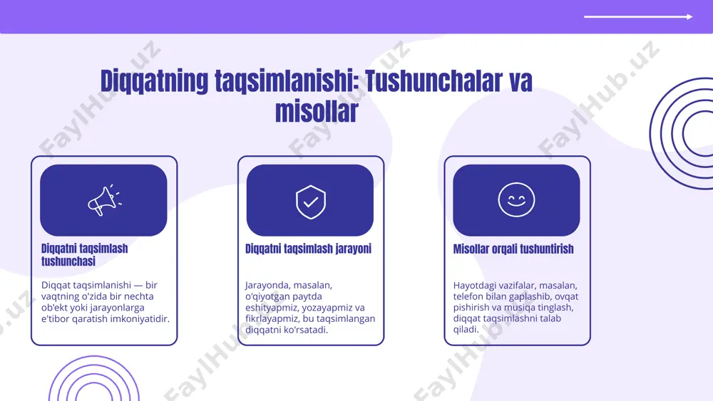 tiv resurslarni boshqarishga yordam beradi va ish unumdorligini oshiradi. tadqiqotlar doimiy mashqlar foydali ekanini ko‘rsatadi. amaliy usullar va strategiyalar diqqatni rivojlantirish uchun meditatsiya, mindfulness texnikalari, fokus mashqlari va qisqa tanaffuslar qo‘llaniladi. masalan, muayyan vazifaga to‘liq konsentratsiya qilish va muhitni tozalash yordam beradi. o‘rganish jarayonida diqqatni oshirish diqqatni oshirish uchun muhitni tozalash, chalg‘ituvchi omillarni kamaytirish va o‘quv rejimini tuzish muhim. vaqtni belgilash va mobil qurilmalardan voz kechish yordam beradi. amaliy ilovalar: misollar diqqatni rivojlantirishda amaliy ilovalar muhim rol o'ynaydi. masalan, bolalar uchun mo'ljallangan o'yinlar va mashqlar diqqatni mustahkamlashga yordam beradi. ish joyida vaqtni boshqarish va vazifalarni prioritetlash diqqat taqsimlashni rivojlantiradi. o‘quv jarayonida diqqatni rivojlantirish uchun interaktiv metodlar keng qo‘llaniladi, masalan, muhokama, guruh ishlari va vizual materiallar. bu usullar o‘quvchilarning diqqatini uzoq davom etishga va ma'lumotni yaxshiroq o‘zlashtirishga yordam beradi. o‘quvchilarga ta’siri bo‘yicha, diqqatni rivojlantirish texnikalari ularning konsentratsiyasini oshiradi, o‘quv natijalarini yaxshilaydi va motivatsiyani kuchaytiradi. natijada, ular o‘rganishga katta qiziqish bilan yondashadilar …