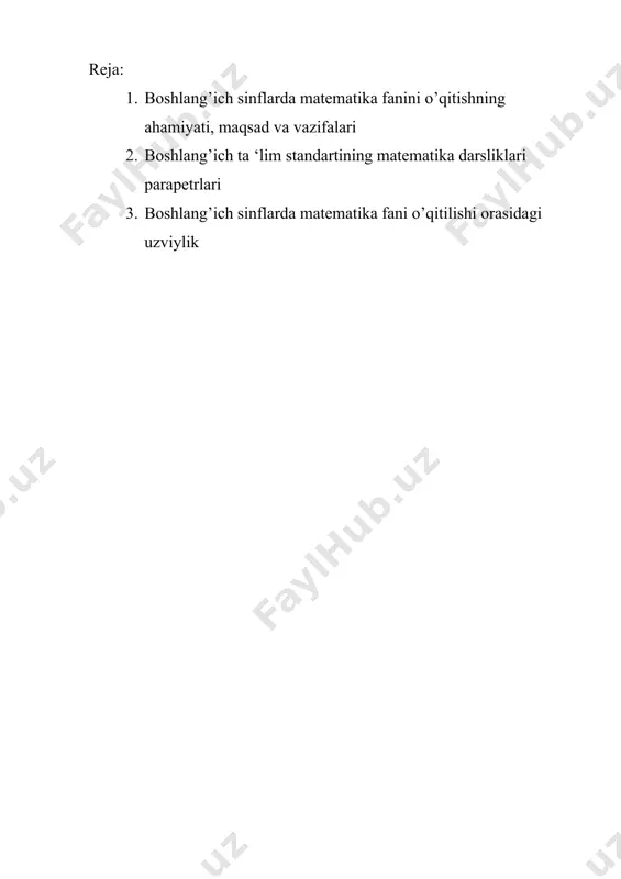 di. 3. nazariya va amaliyot masalalari o’zaro organik bog’langan xarakterga ega. 4. matematik tushuncha, xossa, qonuniy bog’lanishlarni ochish kursda o’zaro bog’langan. 5. har bir tushuncha rivojlantirilgan holda tushuntiriladi. masalan, arifmetik amallarni o’qitishdan oldin uning aniq mohiyati ochiladi, keyin amalning xossalari, keyin komponentlar orasidagi bog’lanish, keyin amal natijasi, oxirida amallar orasidagi bog’lanish beriladi. 6. asosiy tushunchalar va natijaviy tushunchalar o’zaro bog’lanishda berilgan. masalan, qo’shish asosida ko’paytirish keltirib chiqarilgan. boshlang’ich matematika kursi o’z tuzilishi bo’yicha o’z ichiga olgan, arifmetik, algebraik va geometrik materialdan iborat qismlarni. boshlang’ich matematika kursida arifmetik materialning konsentrik joylashuvi saqlanadi. ammo, amaldagi dasturda konsentrlar soni kamaytirilgan: o’nlik, yuzlik, minglik, ko’p xonali sonlar. shuni ham aytish kerak, material shunday katta guruhlashganki, unda o’zaro bog’langan tushunchalar, amallar, masalalarni qarash vaqt jihatdan yaqinlashtirilgan. arifmetik amallarning xossalari va mos hisoblash usullarini o’rganish bilan bir vaqtda arifmetik amallar natijalari bilan komponentalari orasidagi bog’lanishlar ochib beriladi. (masalan, agar yig’indidan qo’shiluvchilardan biri ayrilsa, ikkinchi qo’shiluvchi hosil …