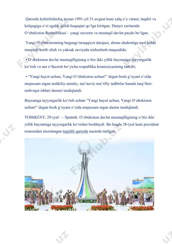 n muhokama qilinadi. o’qituvchi: - aql - idrokli, farosatli, jasoratli, vatanparvarlar, mohir tashkilotchi hukmron yuz yillarda bir dunyoga kelgan. unga ishonch hosil qilish uchun keyingi ming yillikka nazar tashlansa bas. mustaqillikka erishganimizga ham 31 yil bo’ldi. mustaqilligimizning keyingi yillarida mamlakatimizda qanday ishlar amalga oshirildi. bu yillar zamirida nimalar yotibdi. “obod mahalla”, “har bir oila – tadbirkor”, “yoshlar – kelajagimiz”, “besh ijobiy tashabbus” kabi mos rasmlar ilib qo’yiladi . tahlil qilishga asoslangan. o’zbekiston respublikasining prezidenti sh.mirziyoev “qonun ustuvorligi va inson manfaatlarini ta’minlash – yurt taraqqiyoti va xalq farovonligining garovi” deb nomlangan ma’ruzasida jumladan shunday deydi - “biz ta’lim va tarbiya tizimining barcha bo’g’inlari faoliyatini bugungi zamon talablari asosida takomillashtirishni o’zimizning birinchi darajali vazifamiz deb bilamiz”. yosh avlod tarbiyasi haqida gapirganda, abdurauf fitrat bobomizning mana bu fikrlariga har birimiz, ayniqsa, endi hayotga kirib kelayotgan o’g’il-qizlarimiz amal qilishlarini juda-juda istardik. mana, ulug’ ajdodimiz nima deb yozganlar: “xalqning aniq maqsad sari harakat qilishi, davlatmand …