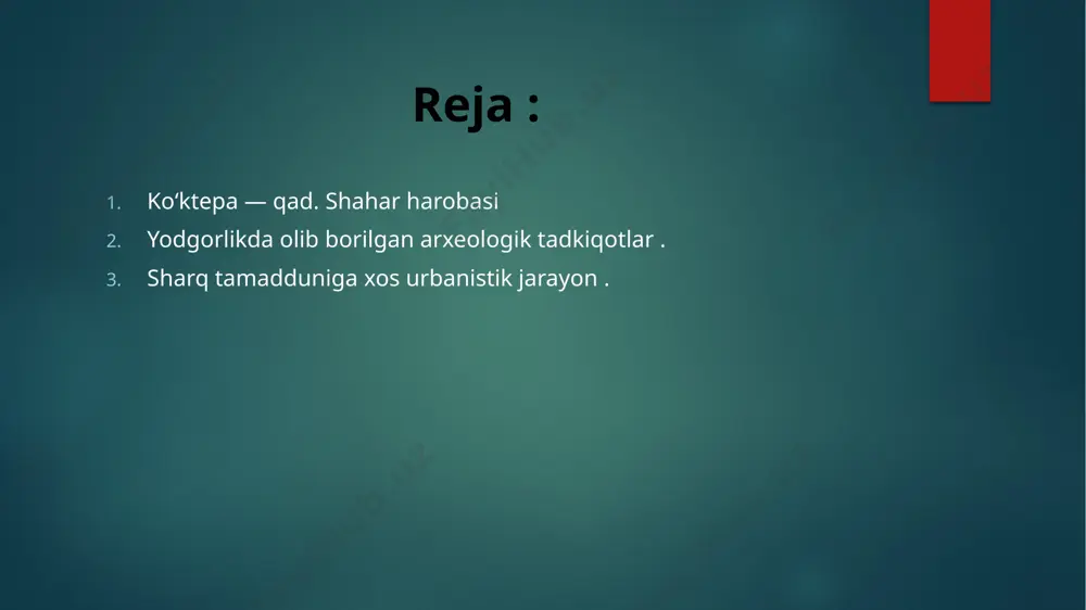 riga oid kumush qoʻshilgan dumaloq jez koʻzgu topildi. mana shu koʻzgu va boshqa belgilarga koʻra, qabr miloddan avvalgi 1 — milodiy 1-asrga oid deb belgilandi. qabr maydoni 11 × 5,5 m hajmda boʻlib, lahadning chuq. 6,5 m ni tashkil etgan. m. isomidsinovning fikricha, bu yerda malika yoki aslzoda ayol dafn etilgan. 2001-yil k. minorasi oʻrnida qazishma ishlari davom ettirildi, u yerda sopol idishlar, tegirmon tosh boʻlaqlari, tosh oʻroq, qozon, bandli marmar tarozu toshi, marmardan ishlangan buyumlar, 4 oyoqchali kichik chirogʻdon, toʻqimachilik dastgohi uchun moʻljallangan suyak taroq, tosh pichoq, ogʻir bolta, hayvon suyaklari topildi (miloddan avvalgi 8 — 7-asrlar). adabiyot isamiddinov m. x., genezis gorodskoy kulturi samarqandskogo sogda, samarqand, 2000. ahmadali askarov. eʼtiboringiz uchun rahmat image6.jpeg image7.jpeg image8.jpeg image2.png image3.png image4.png image5.png