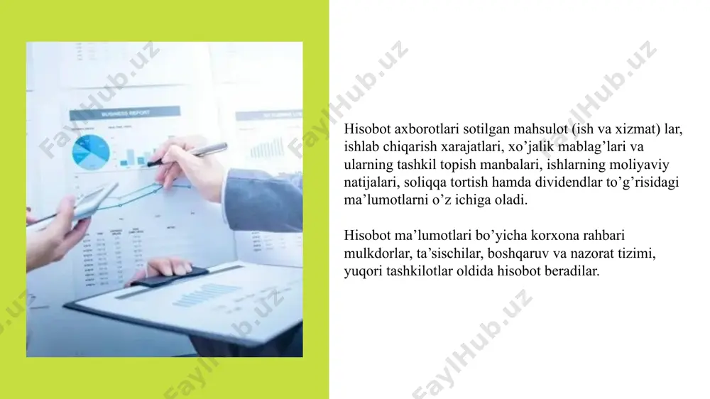 agi ma’ruzasi, ilova qilinadi. bu korxonaning asosiy analitik hujjatlaridan biri hisoblanadi. bunda asosiy ko’rsatkichlar bo’yicha reja bajarilishiga ta’sir etuvchi quyidagi omillar ochib tashlanadi: mahsulot miqdori, assortimenti, sifati, mahsulot sotish hajmi, foyda summasi, tannarxni pasaytirish, mehnat unumdorligini oshirish, samaradorlik, ilmiy - konstruktorlik ishlarini natijalari va istiqbollari va shu kabilar. moliyaviy hisobotdan ichki va tashqi foydalanuvchilar uchun korxonaning asosiy vositalari tarkibi, ularning ish holati va umumiy qiymati muhim ahamiyatga ega. bu ma’lumotlar korxonalarning moliyaviy hisobot tarkibida tuziladigan «asosiy vositalar harakati to’g’risidagi hisobot» da aks ettiriladi. asosiy vositalar harakati to’g’risidagi hisobot asosiy vositalar va ularning eskirishi belgilangan tasnif asosida quyidagi ko’rsatkichlar bo’yicha aks ettiriladi: yil boshiga qoldig’i; hisobot davrida asosiy vositalarning kirimi; hisobot davrida hisobdan chiqarilgani; yil oxiriga qoldig’i. hisobotning 3 va 6- ustunlarida yil boshi va oxiriga korxona balansida hisobga olingan barcha asosiy vositalarning qiymati aks ettiriladi. 4-ustunda hisobot davrida, qo’shimcha baholash qiymati ham qo’shilgan holda quyidagi manbalardan korxona tasarrufiga o’tgan asosiy …