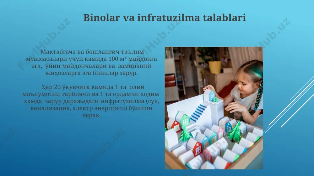avlat monitoringi kamida yiliga ikki marta o'tkazilib, o'quv jarayonining sifat ko'rsatkichlarini, jumladan, bolalarning rivojlanish darajasini baholashni o'z ichiga oladi. inklyuziv ta'limga qo'yiladigan talablar inklyuziv ta'limning samaradorligini ta'minlash uchun o'quv dasturlari va o'quv materiallari kamida 3 xil o'quv uslubiga moslashtirilgan bo'lishi va qo'shimcha texnologiyalarni qo'llagan holda 100%ga yaqin qamrovni ta'minlashi zarur. maktabgacha va boshlang'ich ta'lim muassasalarida inklyuziv ta'limni amalga oshirish uchun kamida 5% o'quvchilari nogiron bolalar bo'lgan guruhlarda kamida 2 ta qo'shimcha yordamchi xodimlar (asistentlar)ning ishlashi majburiy hisoblanadi. pedagog kadrlarga qo'yiladigan malaka talablari pedagoglar kamida bakalavr darajasiga ega boʻlishi va bolalar rivojlanishi, psixologiya, oʻqitish metodikasi boʻyicha 200 soatdan ortiq malaka oshirish kurslarini tamomlagan boʻlishi shart. maktabgacha va boshlangʻich taʼlim muassasalarida faoliyat yuritadigan pedagoglar 5 yildan kam boʻlmagan tajribaga ega boʻlishi va kamida 2 ta oʻquv dasturi bilan ishlash koʻnikmasiga ega boʻlishi kerak. maktabgacha ta'lim muassasalarini tashkil etish talablari o'quv rejalari davlat ta'lim standartlariga muvofiq bo'lishi, kamida 5 soatlik kunduzgi ta'limni o'z …