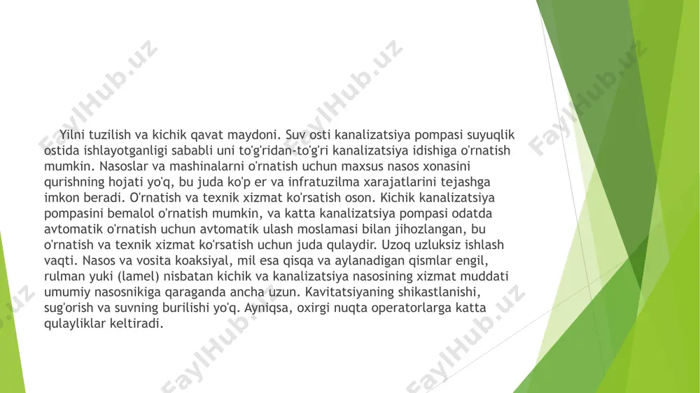 nasosni to'xtating va uni ko'taring va kutish pompasini pastga qo'ying. (3) suv osti nasosi juda tez-tez ishga tushirilmaydi va to'xtatilmaydi, aks holda suv osti nasosining ishlash muddati buziladi. suv osti nasosi to'xtab qolganda, quvur liniyasidagi suv yana oqadi. agar u darhol ishga tushirilsa, elektr nasosining yuki juda og'ir bo'ladi va keraksiz zarba yukini oladi. bunga qo'shimcha ravishda, agar suv osti nasosi juda tez-tez ishga tushirilsa va to'xtab qolsa, zarba qobiliyatiga ega bo'lgan qismlar buziladi va butun elektr nasosi shikastlanadi. nasos stansiyasi - suyukliklarni yuqoriga koʻtarish uchun moʻljallangan bino; nasos agregati va quvurlardan iborat inshoot. nasos stansiyasiga boshkarish apparatlari, elektr n. yeda esa taqsimlash qurilmalari, pasaytirish pod- stansiyalari, yigʻish-soʻrish va bosim kollektorlari, qoʻshimcha jihozlar (asosiy nasoslarni ishga tushiradigan vakuumnasoslar, yongʻinga qarshi ji-hozlar, moy xoʻjaligi va boshqalar) kiradi. nasos agregati soʻrish quvuri, nasos, dvigatel, uzatish mexanizmi, teskari klapanli bosim truboprovo-di va zulfindan iborat boʻladi. me-liorativ (sugʻorish) nasos stansiyasining qoʻzgʻalmas va suzuvchi xillari …